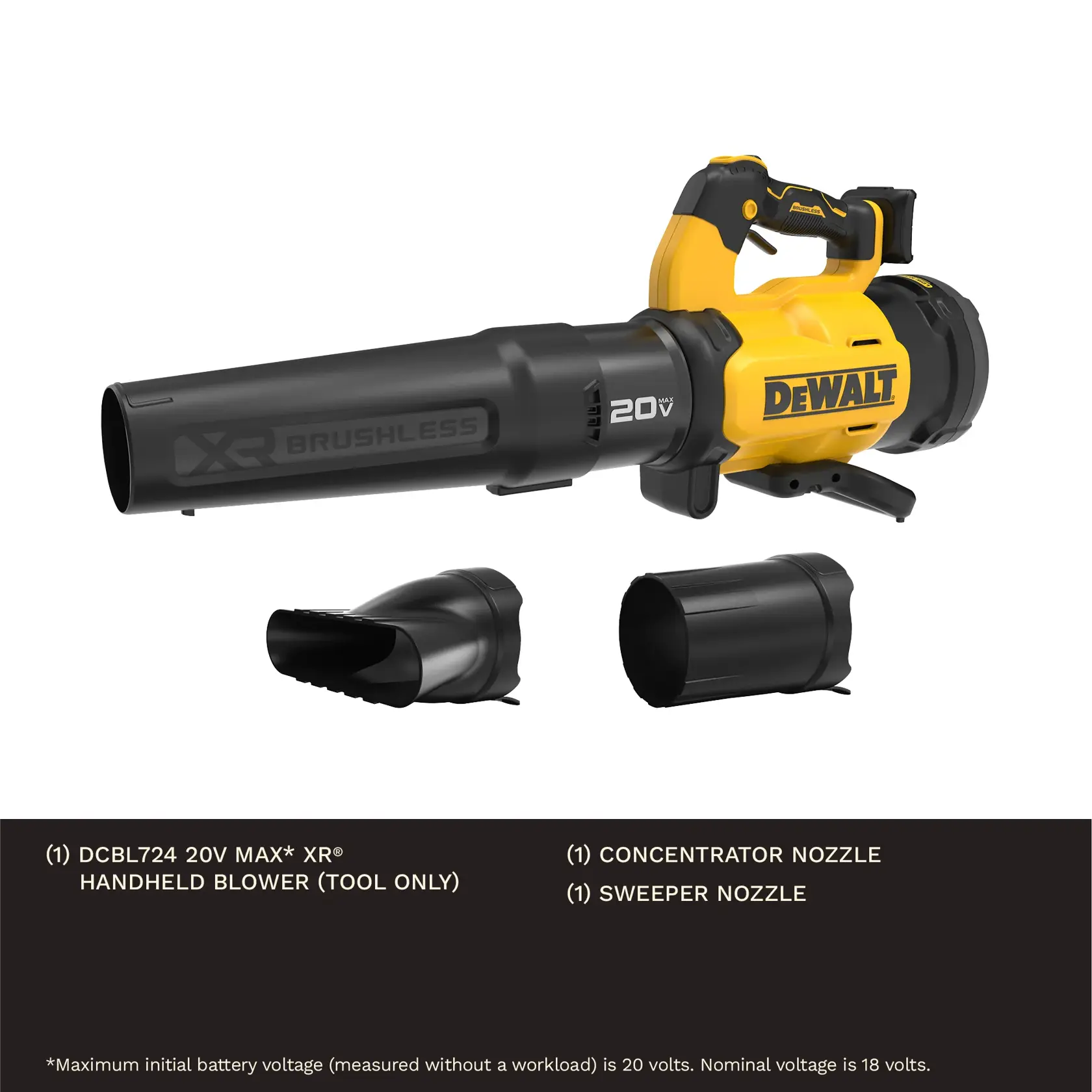 A DEWALT DCBL724B 20V MAX XR handheld blower with two detachable nozzles, one concentrator nozzle and one sweeper nozzle, displayed against a white background. Text below lists product details and voltage specifications.