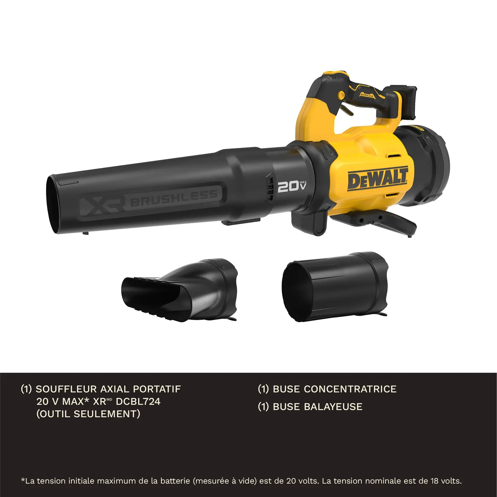 A DEWALT DCBL724B 20V MAX XR handheld blower with two detachable nozzles, one concentrator nozzle and one sweeper nozzle, displayed against a white background. Text below lists product details and voltage specifications.