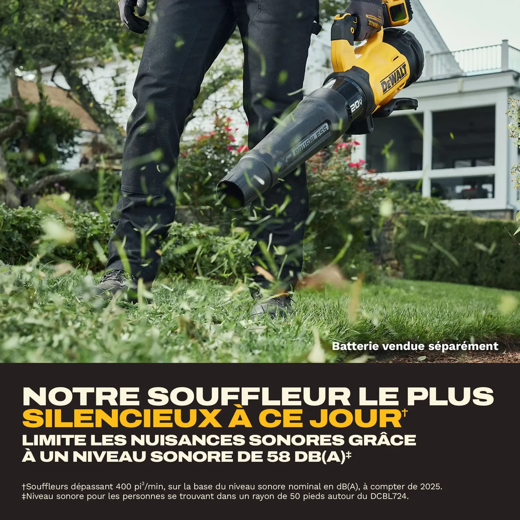 A person using a DEWALT branded cordless leaf blower in a garden, surrounded by flying grass clippings. The product is highlighted as 'Our Quietest Blower Yet', featuring a noise rating of 58 dB(A). The text mentions the battery is sold separately and provides details about noise and airflow rating.