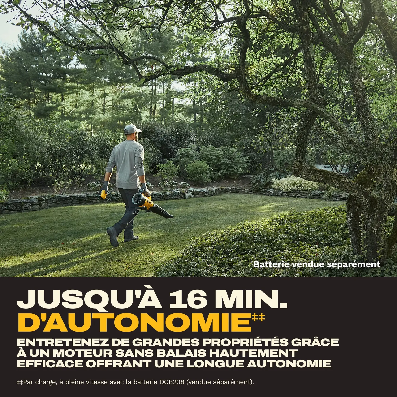 A person is walking on a large lawn holding a DEWALT cordless leaf blower. The image promotes the product's feature of up to 16 minutes runtime and high efficiency brushless motor, suitable for maintaining large properties. Text notes that the battery is sold separately.