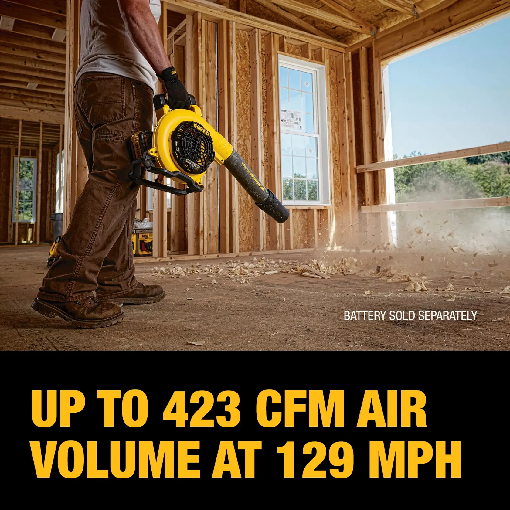A person using a DEWALT handheld blower inside a wooden construction site. The blower is scattering debris on the floor. Text reads: 'Up to 423 CFM air volume at 129 MPH.' A note on the image indicates 'Battery sold separately.'