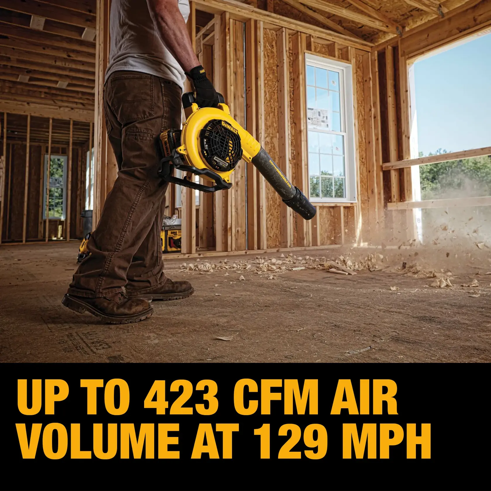 A person using a DEWALT handheld blower to clear debris inside a wooden building under construction. The blower is yellow and black, and text below states: 'Up to 423 CFM air volume at 129 MPH.'