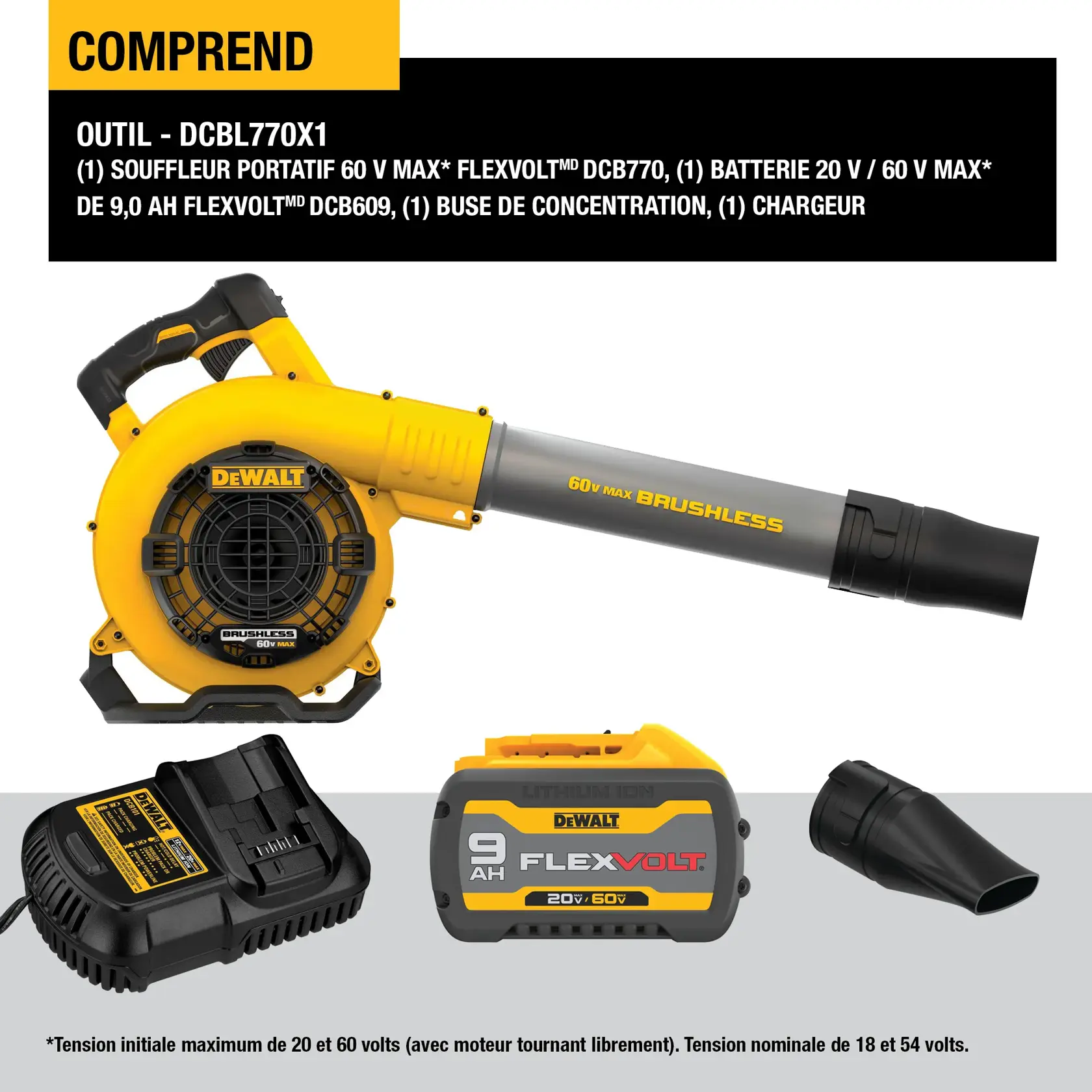 Product image showing the DEWALT DCBL770X1 kit, which includes a yellow and black 60V MAX Flexvolt handheld blower, a Flexvolt 20V/60V MAX 9.0Ah battery, a charger, and a concentrator attachment. The text details all included components and voltage specifications.