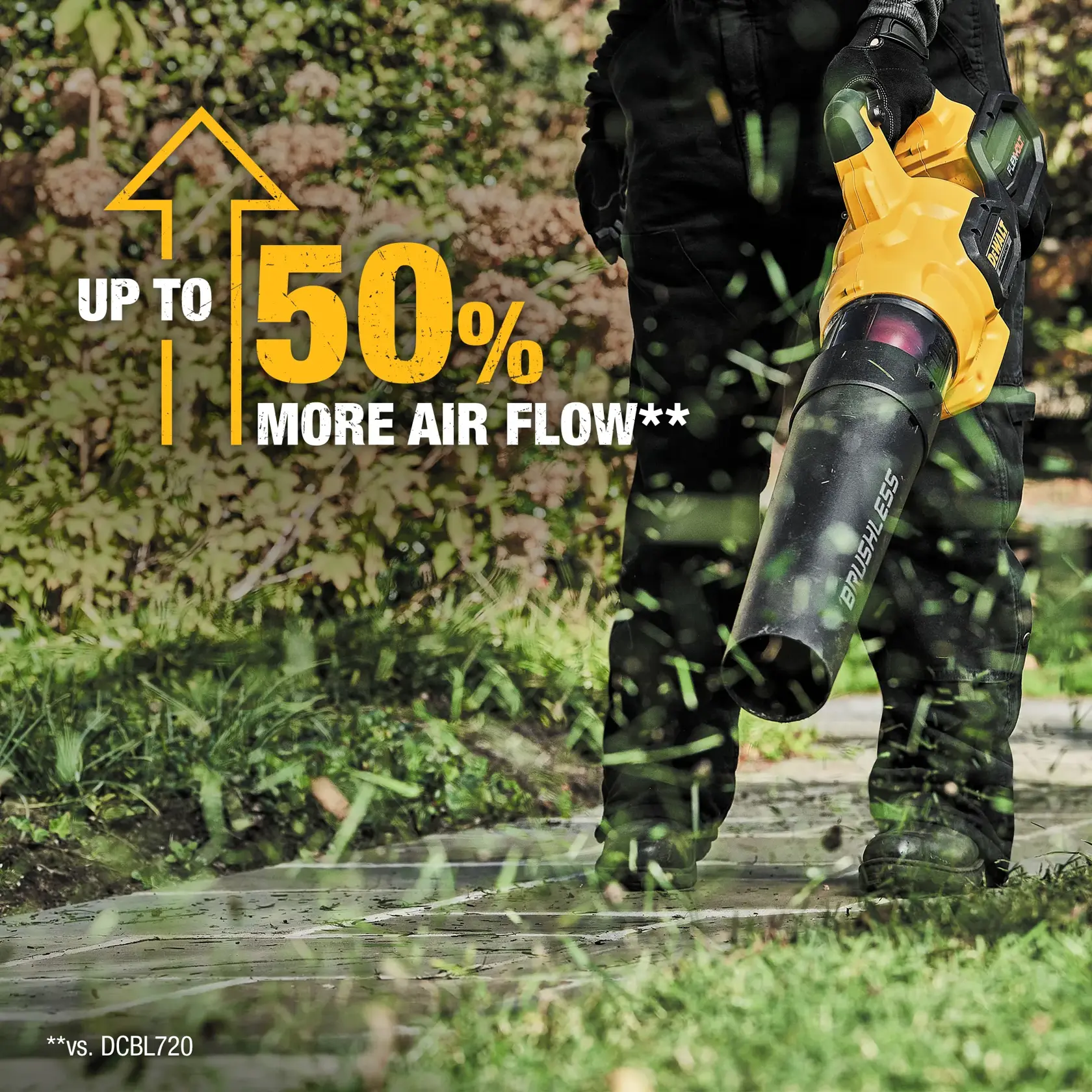 A DEWALT brushless cordless leaf blower being used outdoors, with grass and leaves blown on a pathway. Prominent text on the image reads: 'Up to 50% more air flow**' compared to model DCBL720.