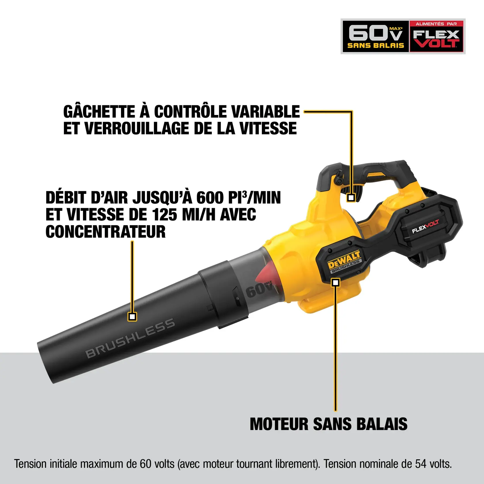A person using a DEWALT cordless leaf blower outside a house, blowing leaves off the lawn. The product is yellow and black, and text on the image highlights its performance: up to 125 cubic feet per minute and 600 miles per hour.