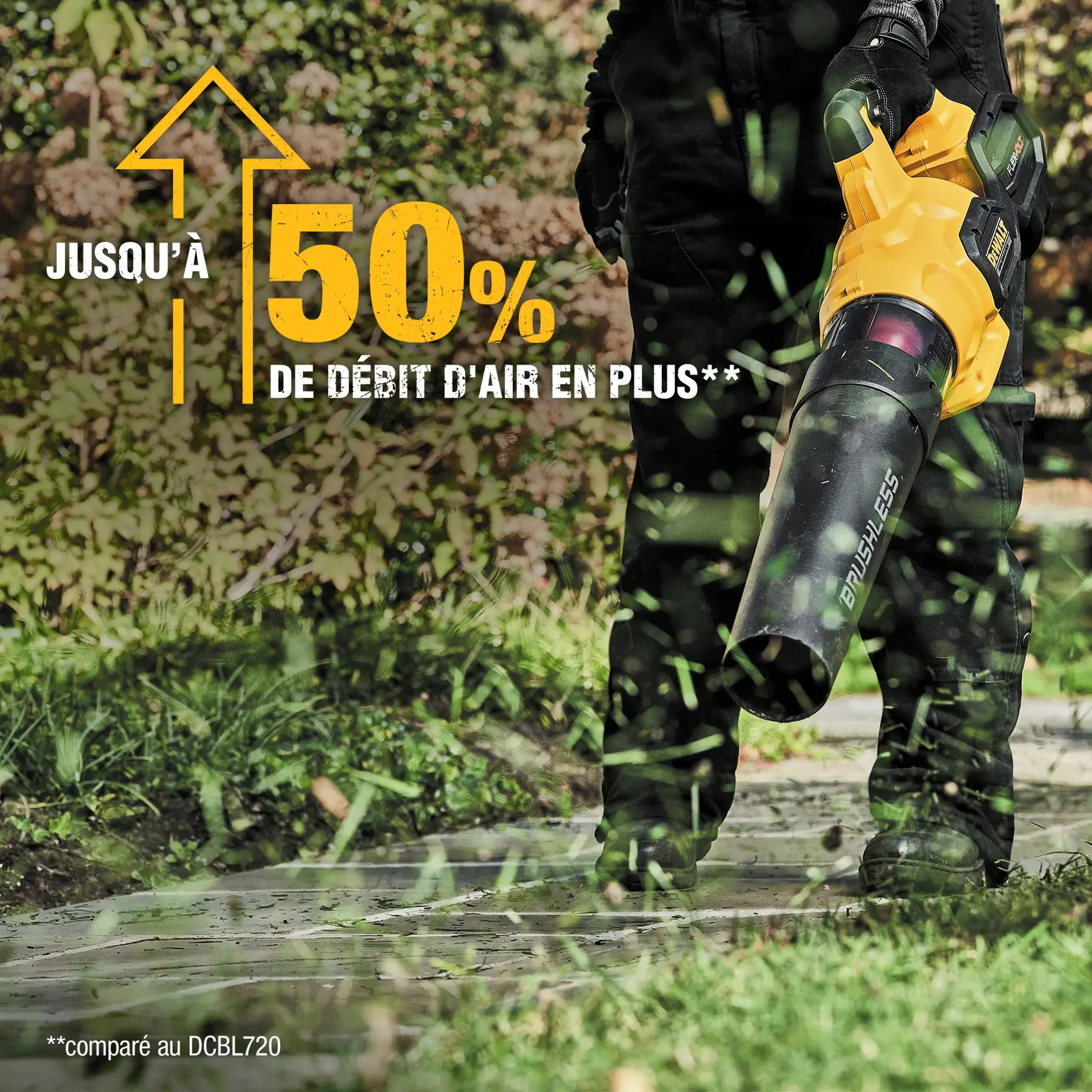 A person using a DEWALT handheld leaf blower in a yard, blowing autumn leaves. The device is yellow and black, and text on the image reads 'Up to 125 MPH and 600 CFM'. A house and trees are visible in the background.
