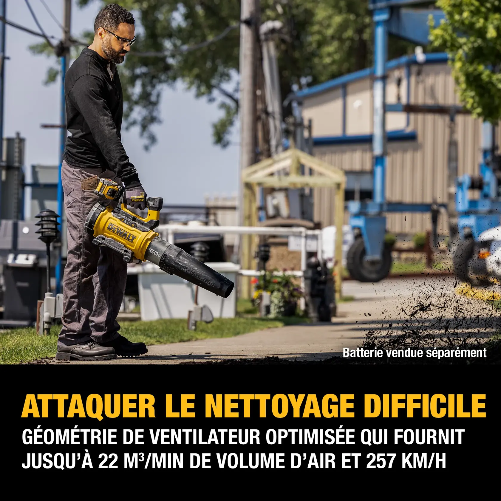 A person using a DEWALT cordless leaf blower outdoors. The leaf blower is yellow and black, and debris is being cleared from a walkway. Promotional text highlights the blower's optimized fan geometry, air volume of up to 760 CFM, and speed of 160 MPH. The image notes that the battery is sold separately.