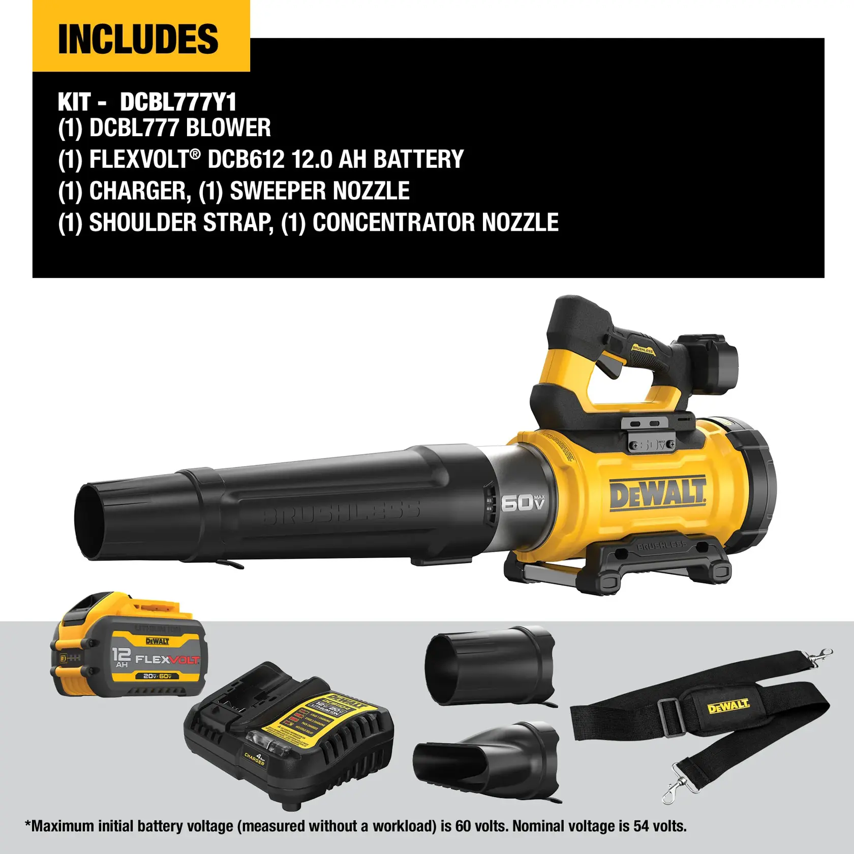 Image showing a DEWALT DCBL777Y1 kit. Includes a yellow and black DEWALT DCBL777 blower, FLEXVOLT DCB612 12.0 Ah battery, charger, sweeper nozzle, shoulder strap, and concentrator nozzle. Listed features and components are displayed alongside the tools and accessories.