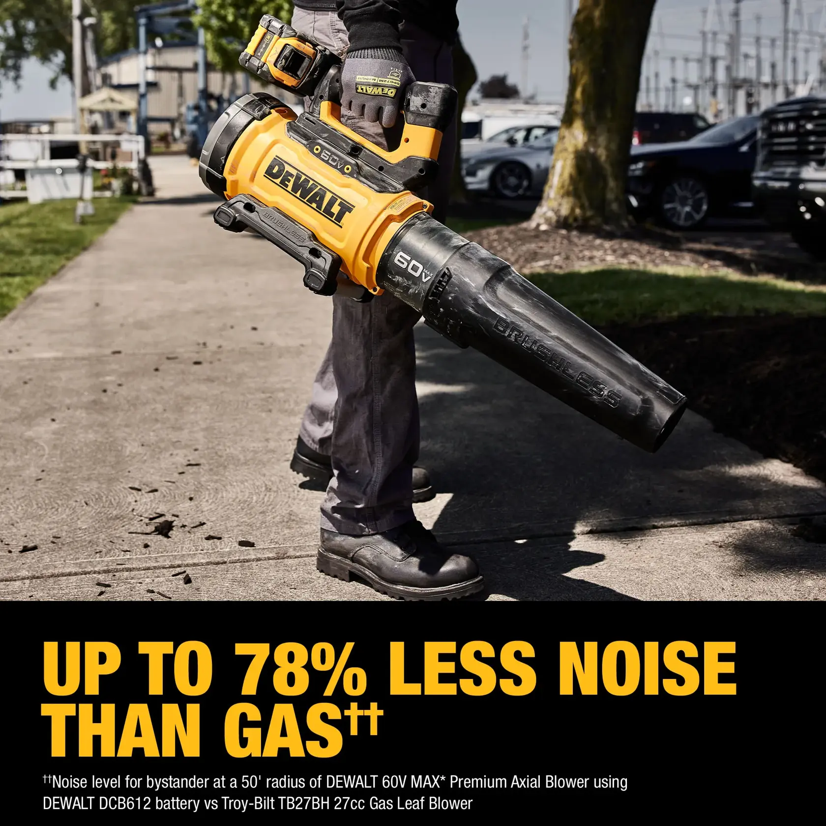 A person standing outdoors holding a DEWALT 60V MAX cordless leaf blower, with the DEWALT logo visible. The text on the image promotes up to 78% less noise compared to gas-powered blowers.