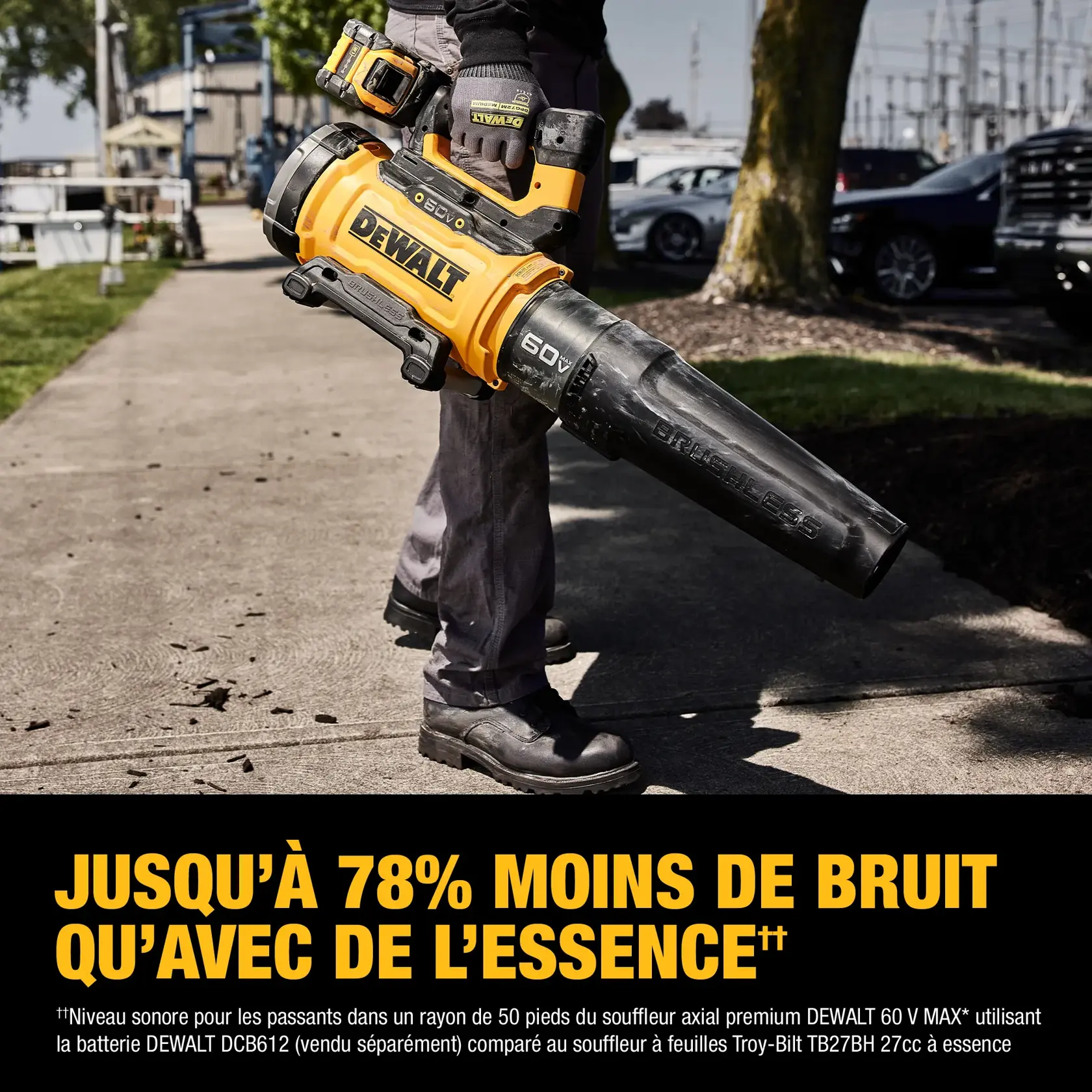 A person standing outdoors holding a DEWALT 60V MAX cordless leaf blower, with the DEWALT logo visible. The text on the image promotes up to 78% less noise compared to gas-powered blowers.