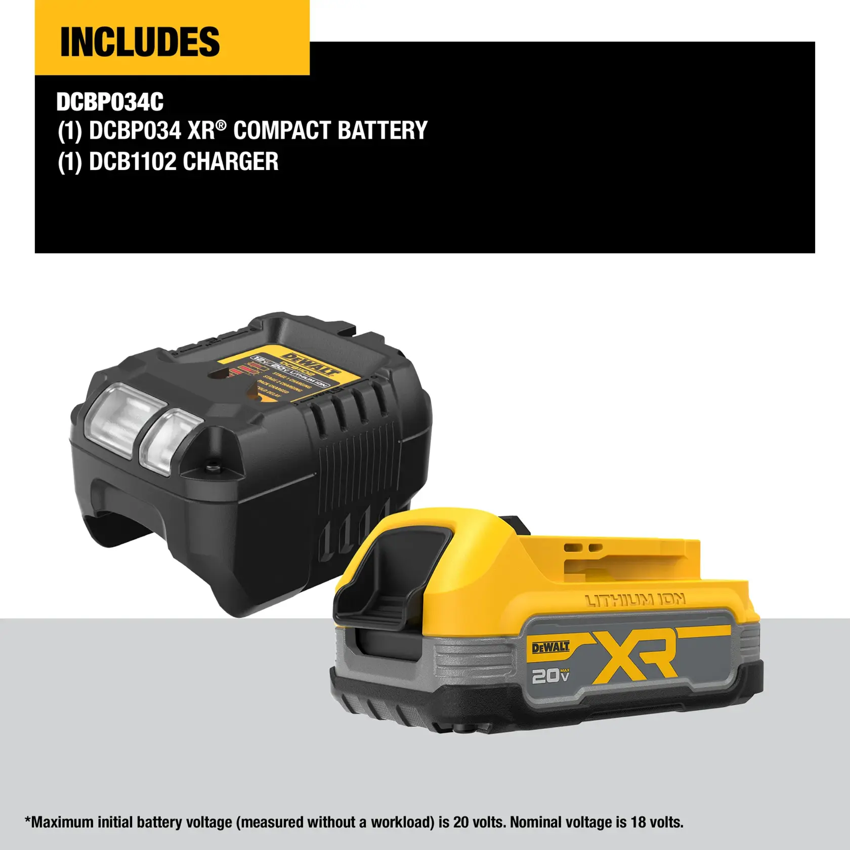 Image showing the DEWALT DCBP034C kit contents, featuring a DCBP034 XR POWERSTACK compact battery and a DCB1102 charger. Both items are displayed with bright lighting effects in the background.