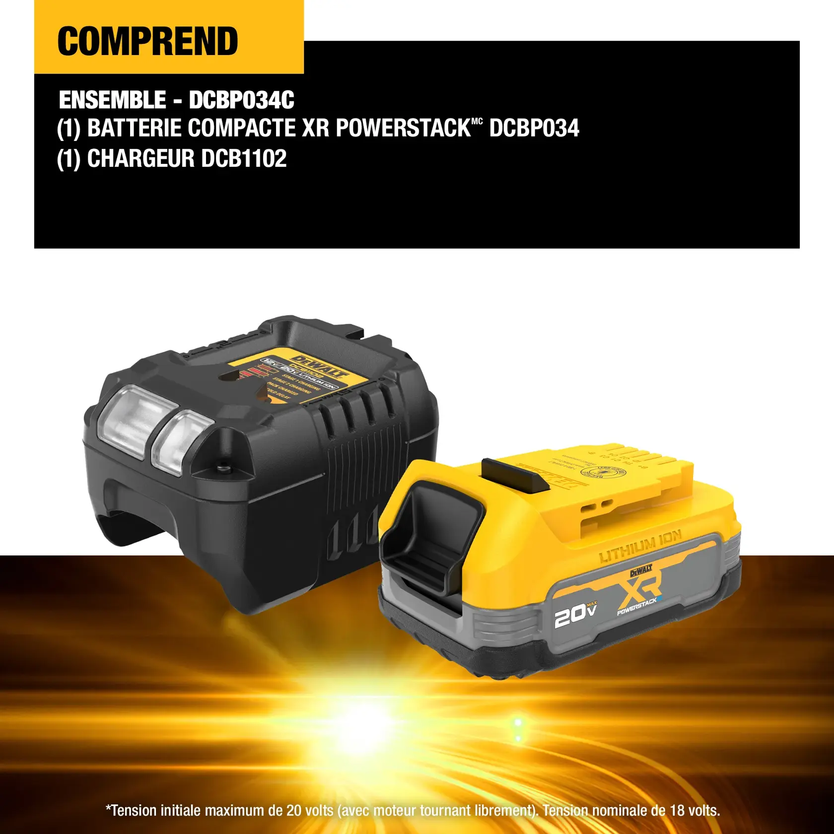 DEWALT XR Powerstack 20V Max lithium-ion battery with yellow and gray casing. Features highlighted include pouch cell technology, state of charge indicator, compatibility with 20V Max tools and chargers, and durable rubber overmold. Background shows a technical, industrial design.