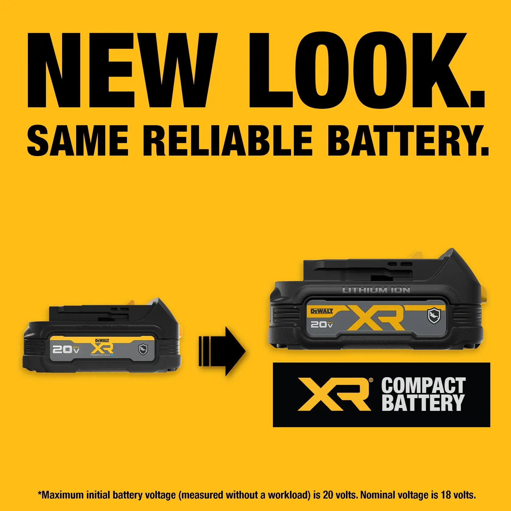 Advertisement showing the DEWALT XR POWERSTACK 20V battery with a new look. The previous design is on the left, the updated design is on the right, connected by a right-pointing arrow. Large text above says: 'NEW LOOK. SAME RELIABLE BATTERY.' The XR POWERSTACK logo is displayed below, with a small note about battery voltage limits at the bottom.