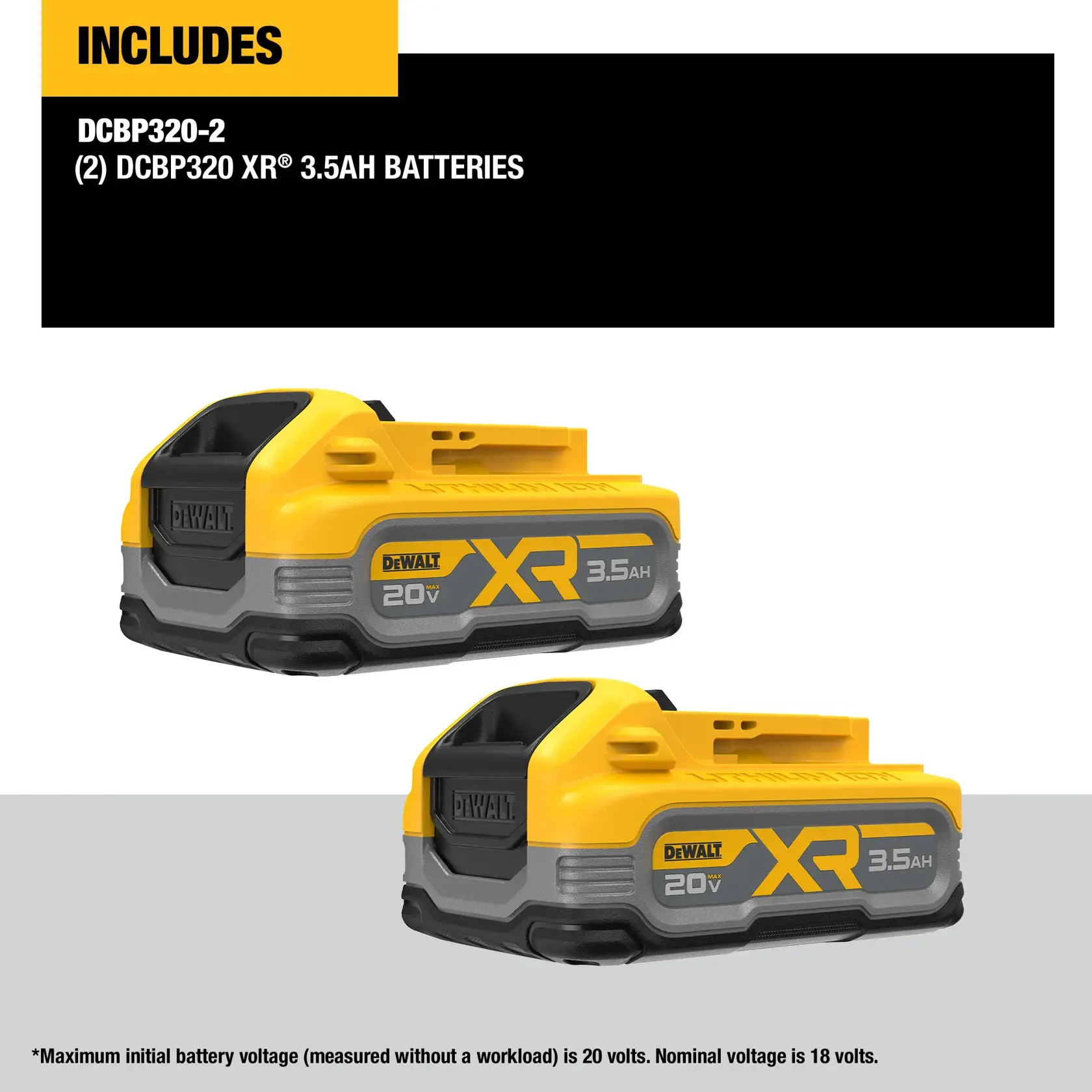Image of two DEWALT XR POWERSTACK 20V MAX 3.5Ah batteries (model DCBP320), with a label indicating that the package includes two batteries. The batteries are yellow and gray in color, and text at the bottom mentions the maximum initial battery voltage is 20 volts.
