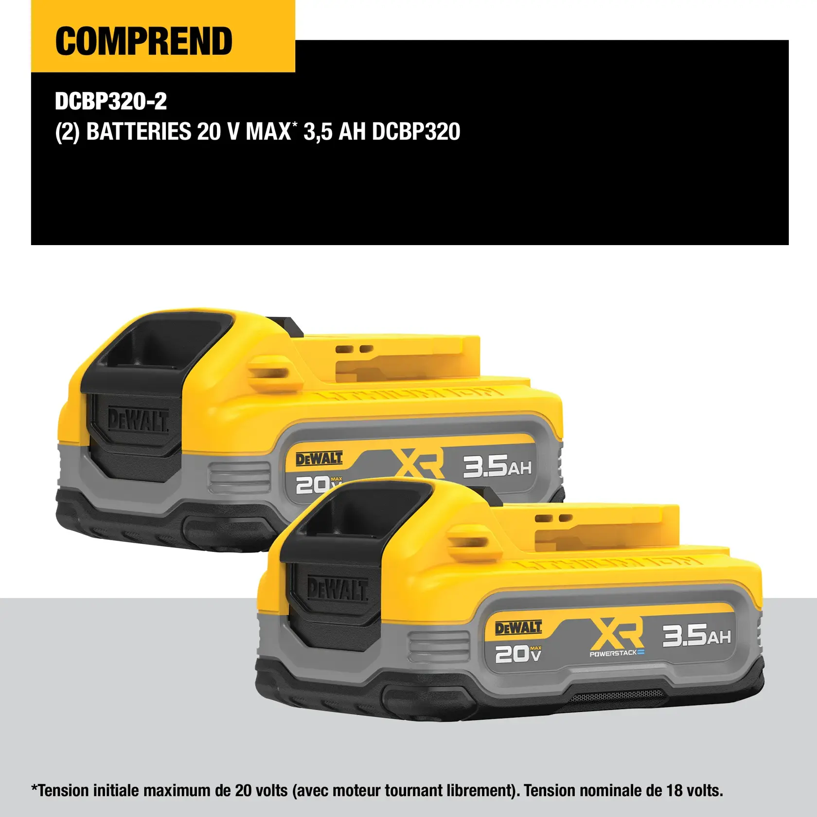 Image of two DEWALT XR POWERSTACK 20V MAX 3.5Ah batteries (model DCBP320), with a label indicating that the package includes two batteries. The batteries are yellow and gray in color, and text at the bottom mentions the maximum initial battery voltage is 20 volts.