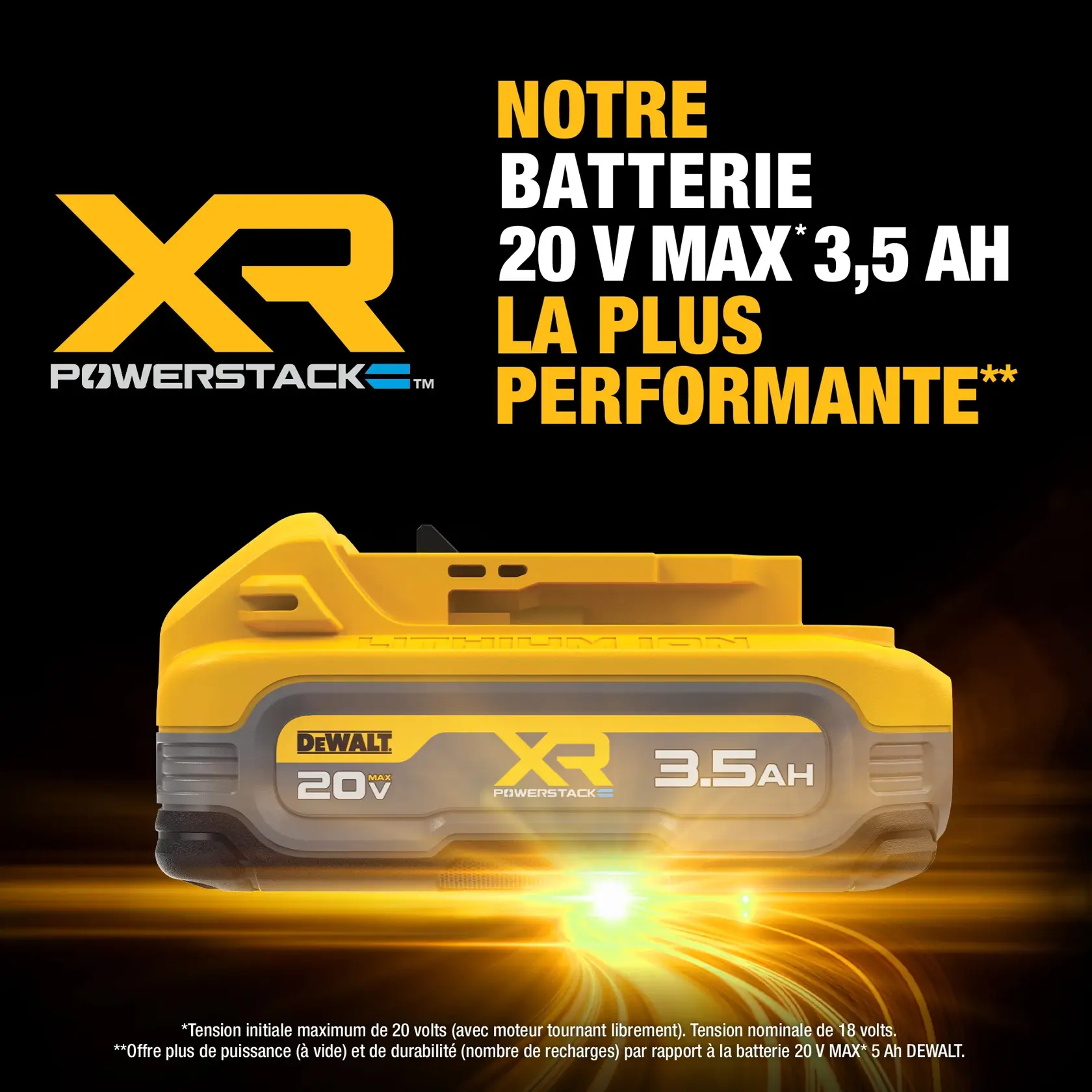 Promotional graphic for DEWALT XR POWERSTACK battery highlights three features: 50% more power, longer lifespan, and compact size compared to the DEWALT DCB205 battery. The background shows a futuristic industrial scene with dark tones and golden lighting. Text in bold yellow, white, and blue emphasizes battery performance improvements.