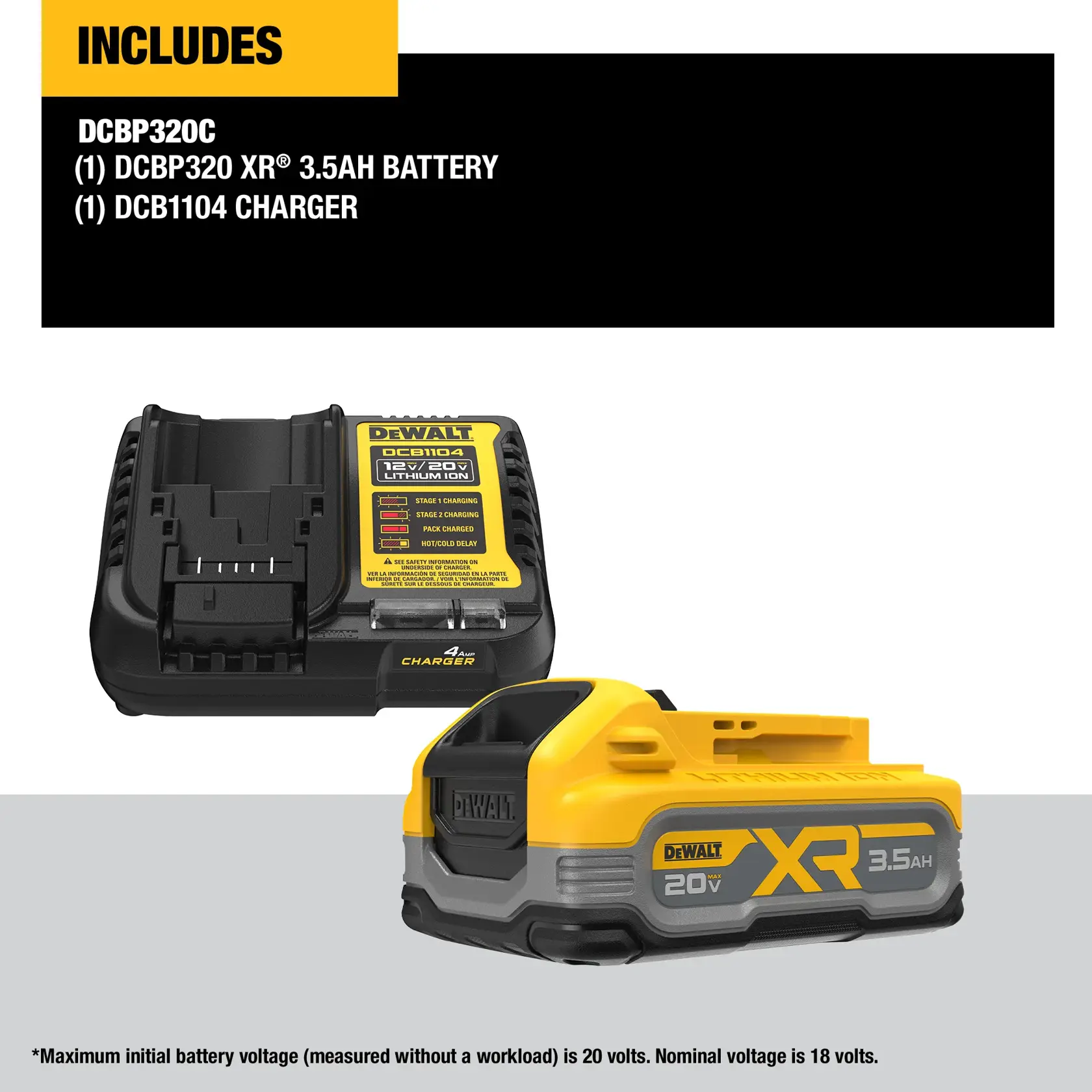 Image shows a DEWALT DCBP320C kit, which includes a DEWALT DCBP320 20V MAX 3.5Ah battery and a charger. Both items are yellow and black. The battery is labeled 'XR POWERSTACK 3.5AH' and '20V'. The charger has a DEWALT logo, indicator lights, and instructions on the top surface.