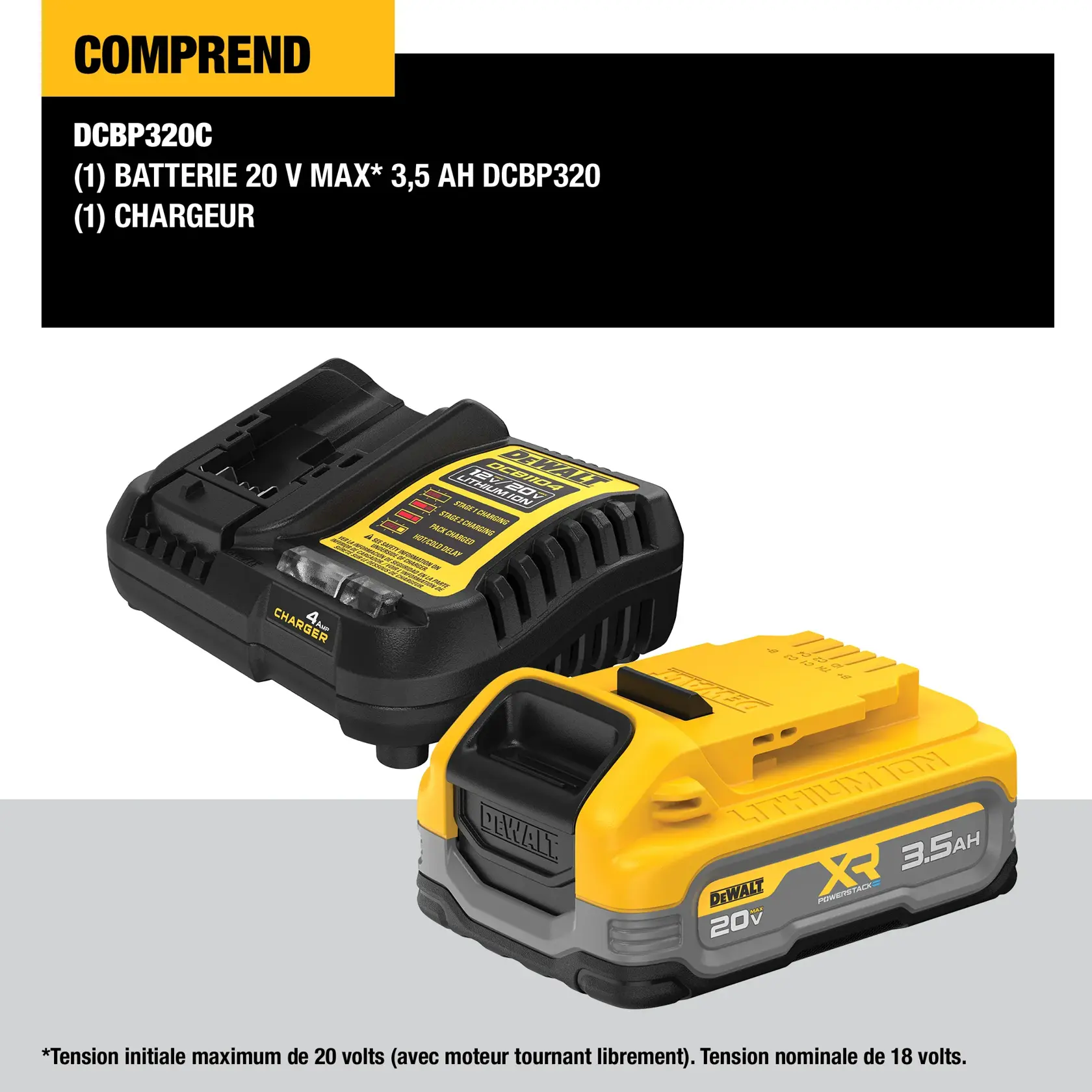 Image shows a DEWALT DCBP320C kit, which includes a DEWALT DCBP320 20V MAX 3.5Ah battery and a charger. Both items are yellow and black. The battery is labeled 'XR POWERSTACK 3.5AH' and '20V'. The charger has a DEWALT logo, indicator lights, and instructions on the top surface.