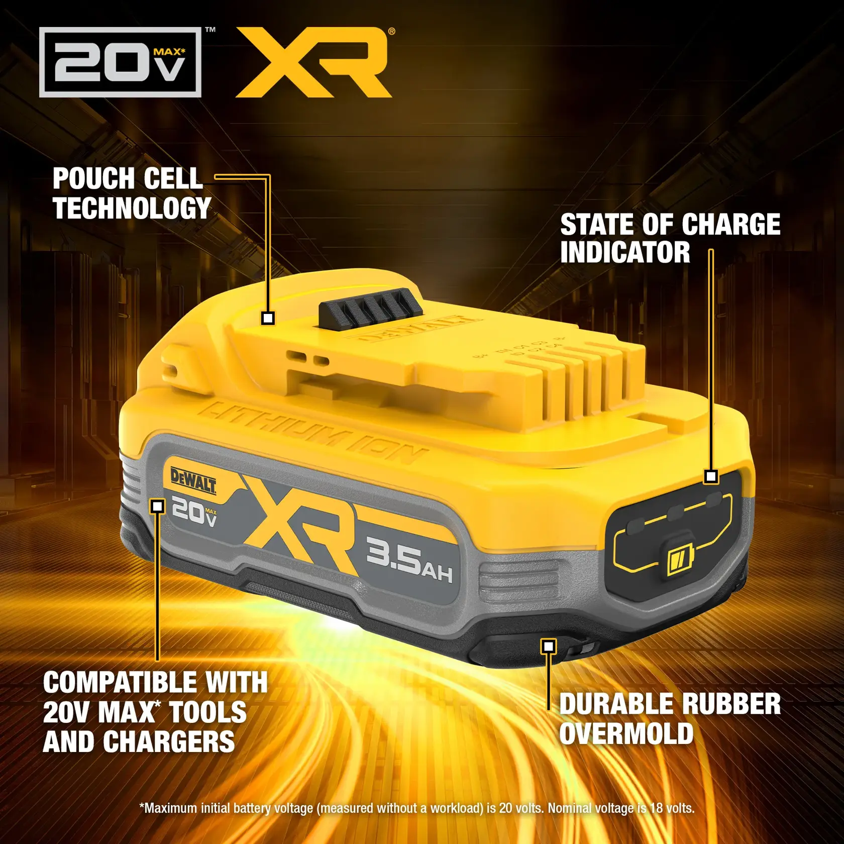 DEWALT XR Powerstack 20V Max 3.5Ah battery with pouch cell technology, state of charge indicator, durable rubber overmold, and compatibility with 20V Max tools and chargers. The battery is yellow with gray accents and is displayed with highlighted features against a dark, industrial background.