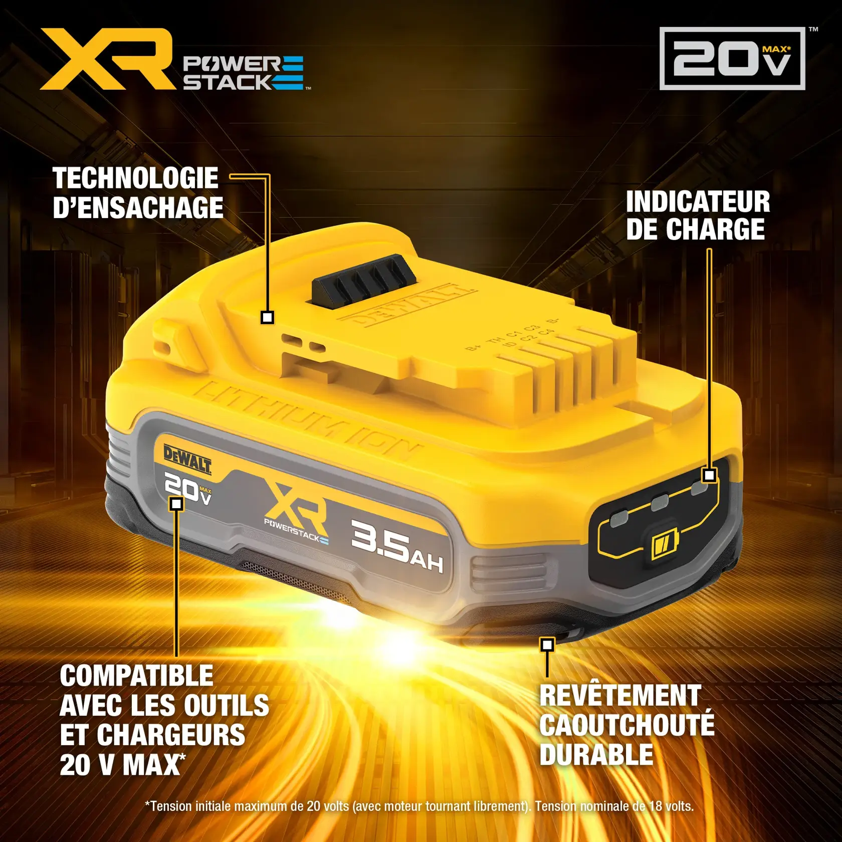 DEWALT XR Powerstack 20V Max 3.5Ah battery with pouch cell technology, state of charge indicator, durable rubber overmold, and compatibility with 20V Max tools and chargers. The battery is yellow with gray accents and is displayed with highlighted features against a dark, industrial background.