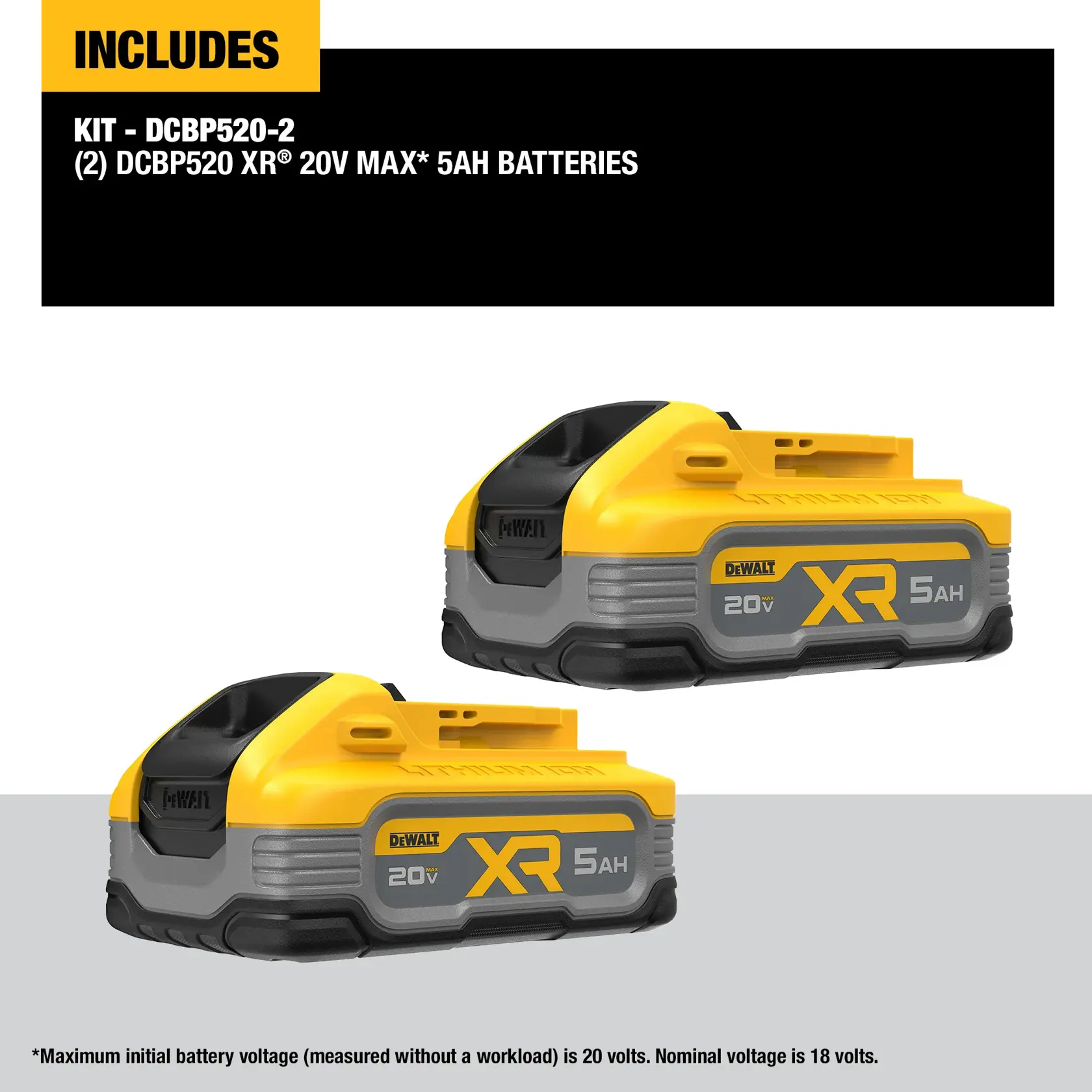 Image shows two DEWALT 20V XR POWERSTACK DCBP520 lithium-ion batteries, each with 5Ah capacity. The kit includes two batteries. The batteries are yellow and gray, with the DEWALT branding visible. Text above describes the kit contents and battery specifications.