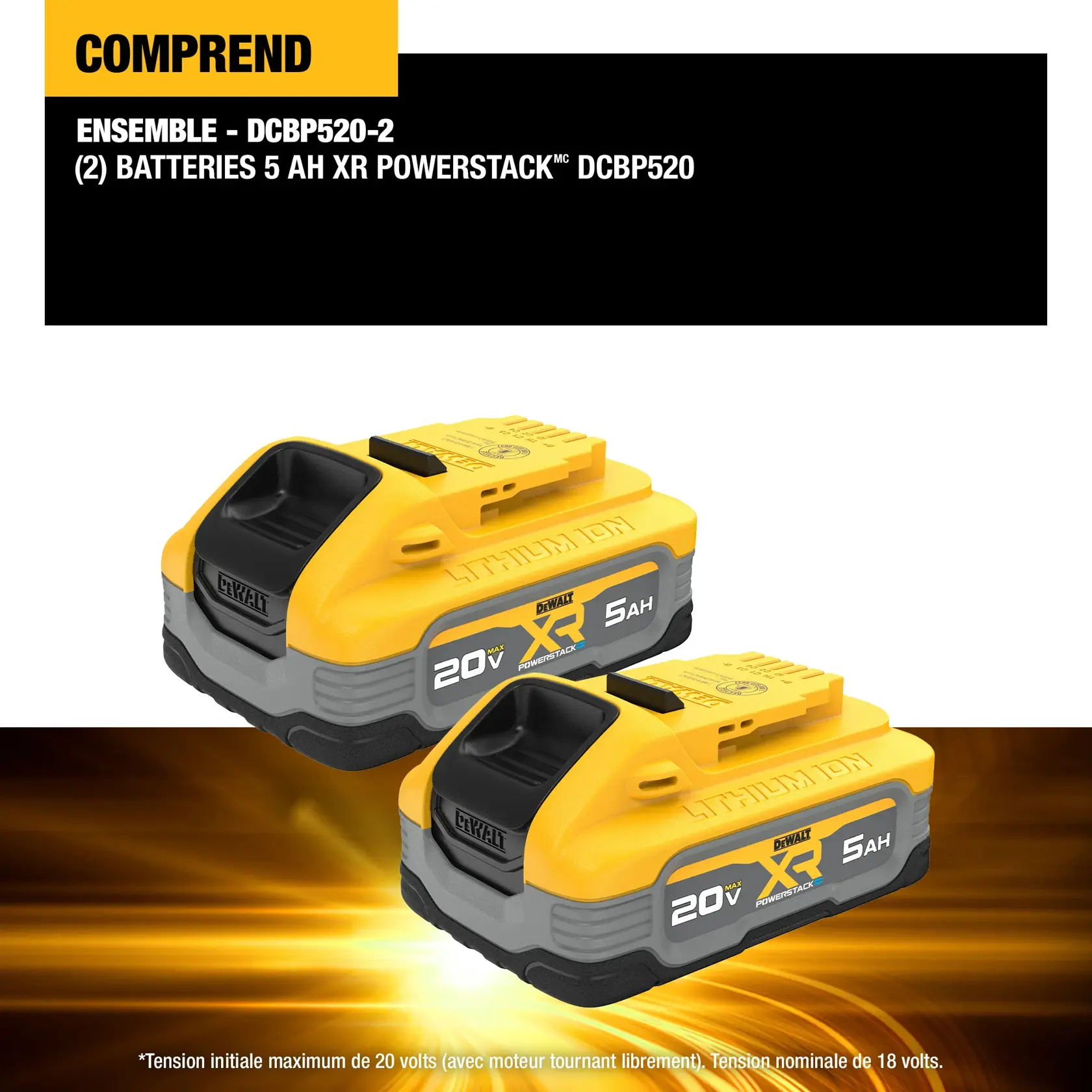 DEWALT XR 20V MAX 5Ah battery with pouch cell tech, charge indicator, rubber overmold, for compatible tools.