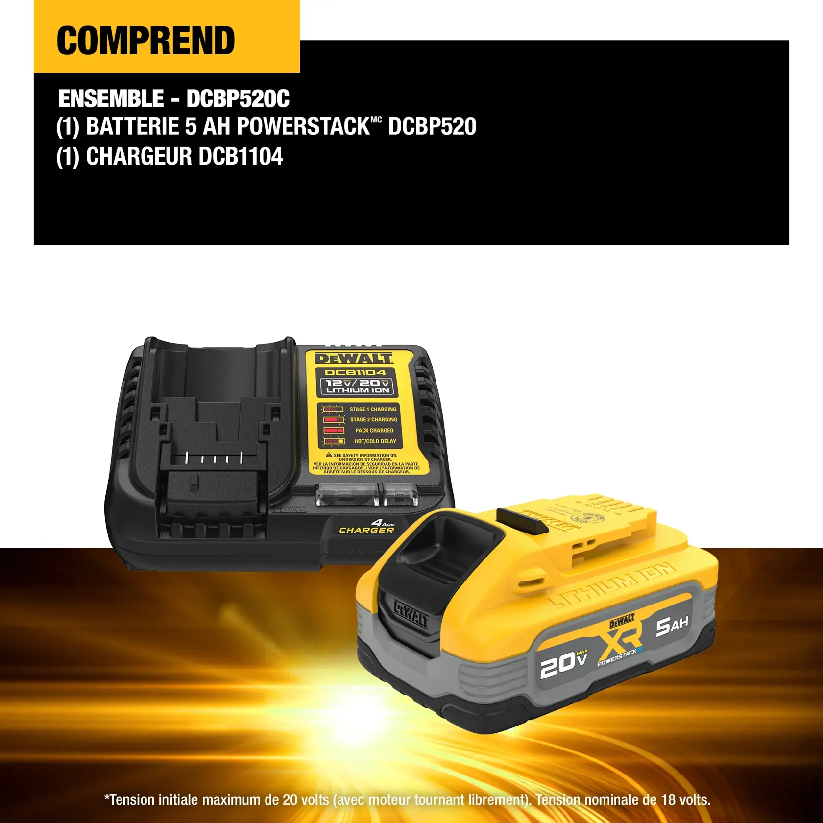 Promotional image for the DEWALT XR 20V MAX 5Ah lithium-ion battery. The battery is yellow and gray with DEWALT branding. Text above the battery says 'Our Best Performing 20V MAX* 5Ah Battery*.' Additional information about voltage and battery life is displayed at the bottom.