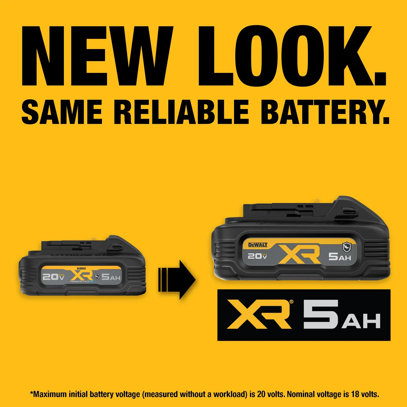 Graphic showing two DEWALT POWERSTACK 20V 5Ah batteries. On the left is the older design and on the right is the new XR POWERSTACK design. The text says: 'New look. Same reliable battery.' The XR POWERSTACK logo appears below, with small print noting maximum initial battery voltage is 20 volts, nominal voltage is 18 volts.