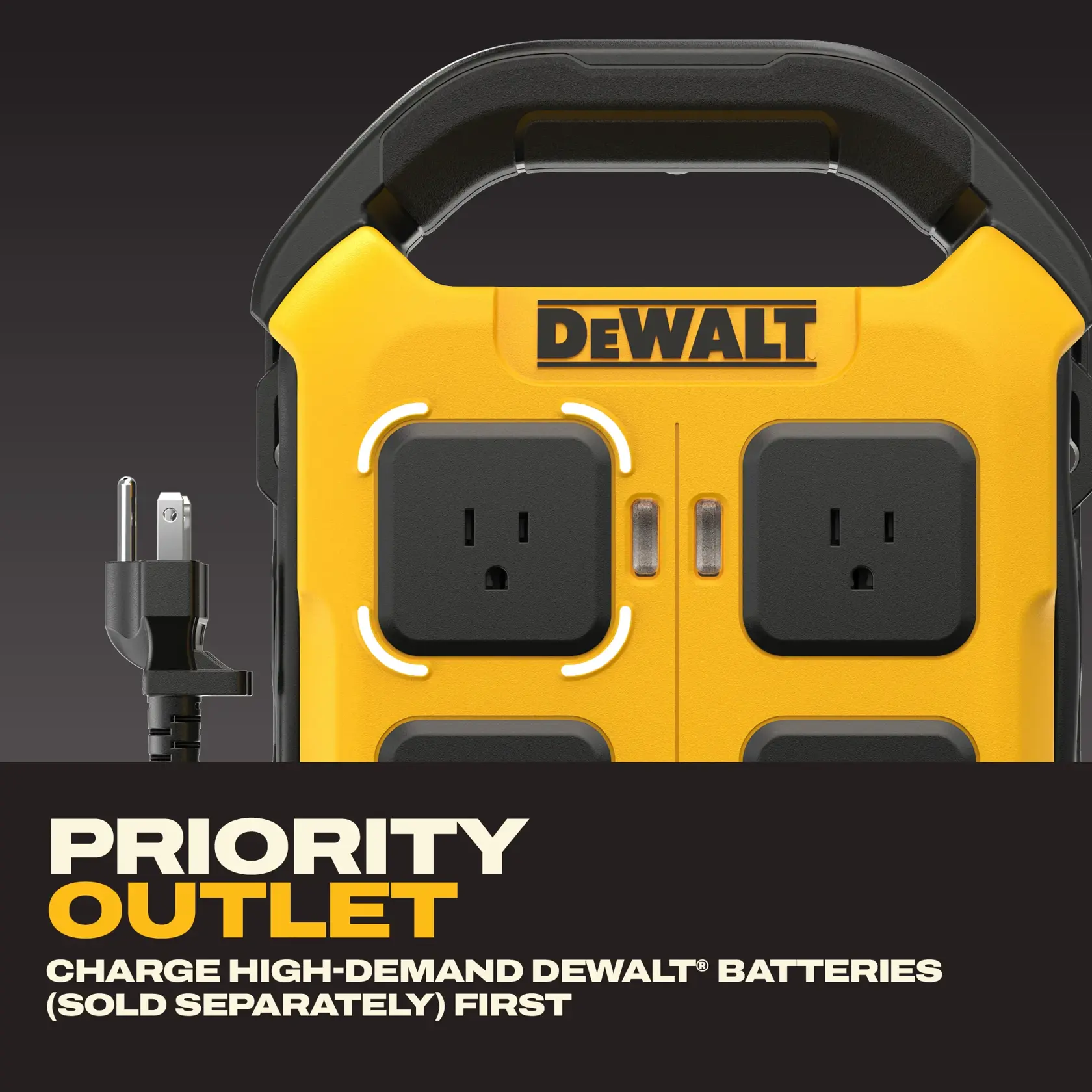 Close-up image of a DEWALT priority outlet charging station with two standard power outlets and a visible power cord. Text on the image highlights: 'PRIORITY OUTLET - Charge high-demand DEWALT batteries (sold separately) first.'