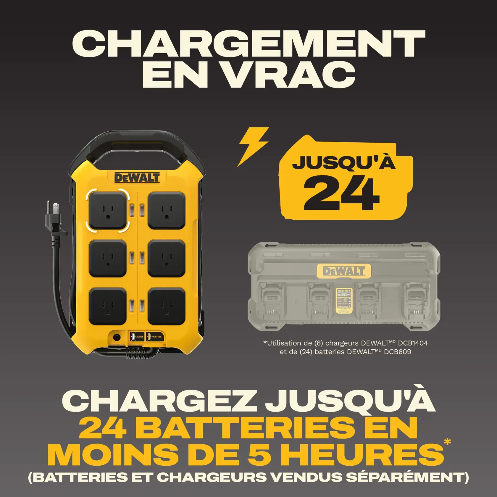 Promotional graphic for DEWALT bulk charging capabilities. A yellow and black DEWALT charger is shown with six charging ports, alongside text stating 'Bulk Charging,' 'Up to x24,' and 'Charge up to 24 batteries in less than 5 hours.' Note indicates batteries and chargers are sold separately.