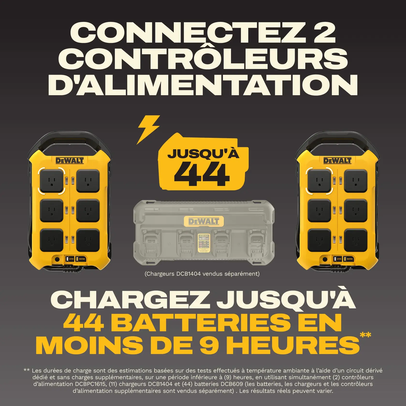 Promotional graphic for DEWALT featuring two yellow and black power controllers, highlighting the ability to connect two units and charge up to 44 batteries in less than 9 hours. The image includes a faded charger in the center and text detailing product features.