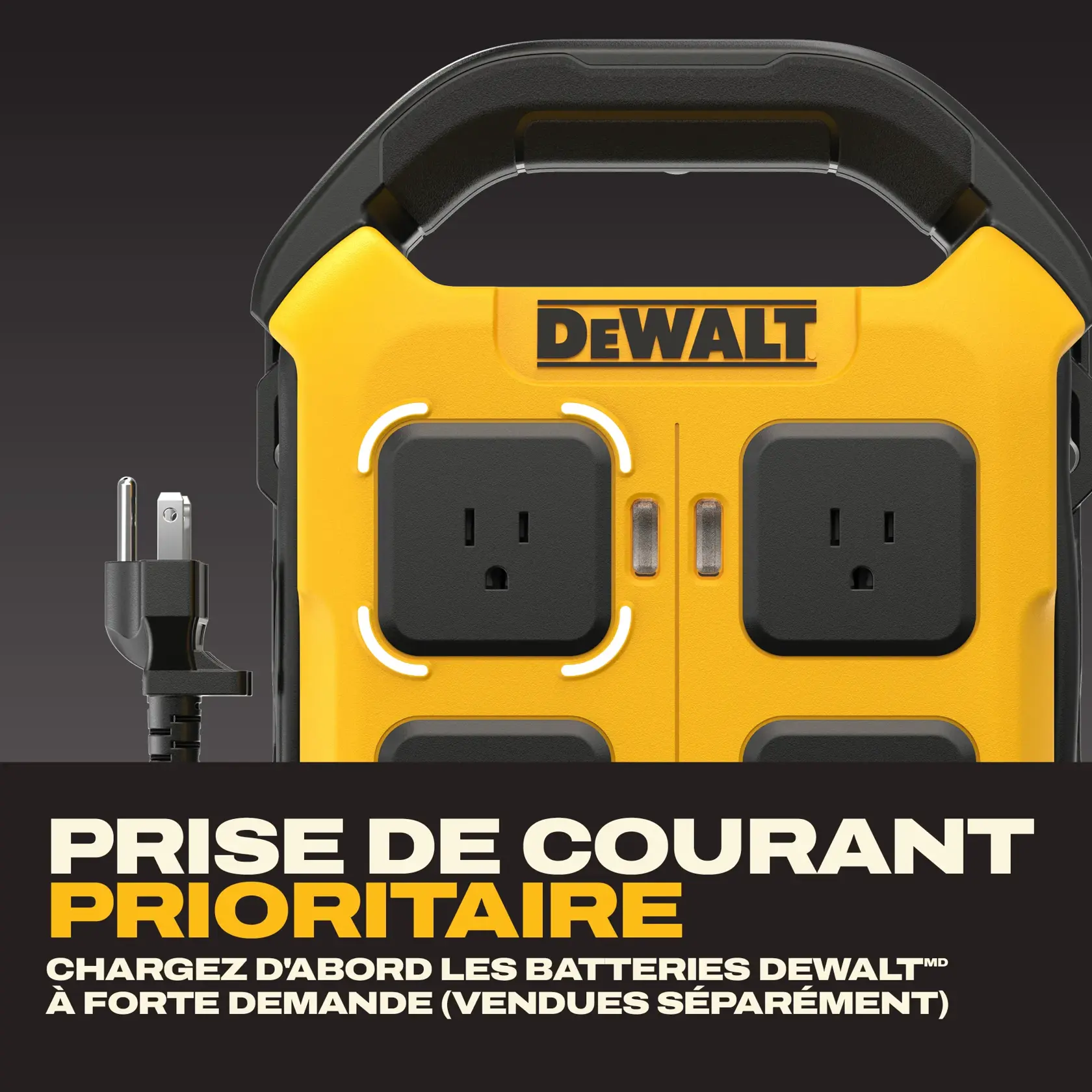 Close-up image of a DEWALT priority outlet charging station with two standard power outlets and a visible power cord. Text on the image highlights: 'PRIORITY OUTLET - Charge high-demand DEWALT batteries (sold separately) first.'