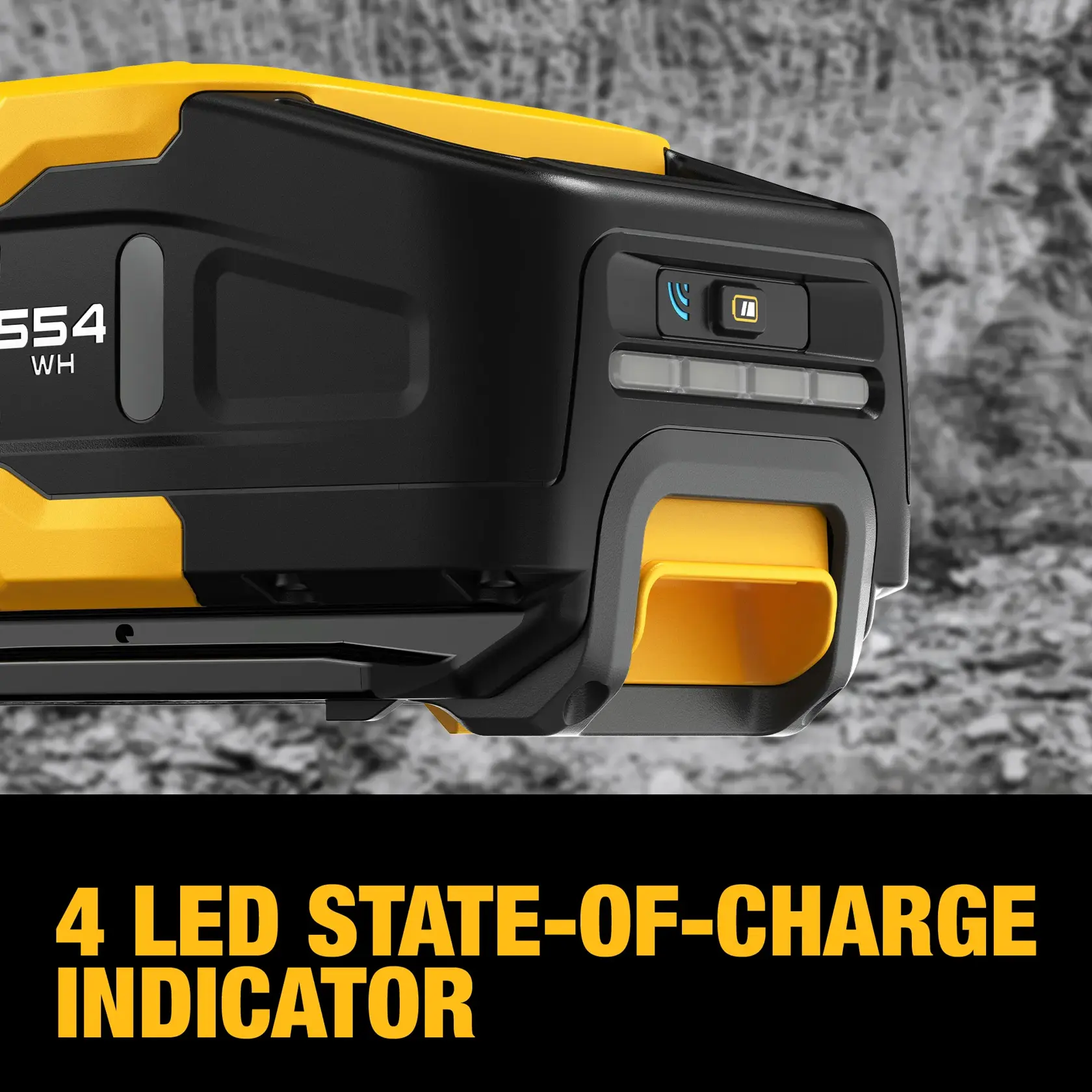 Close-up of a DEWALT battery with a 4 LED state-of-charge indicator, showing the charge level feature. The image highlights the indicator lights and part of the battery's yellow and black casing.