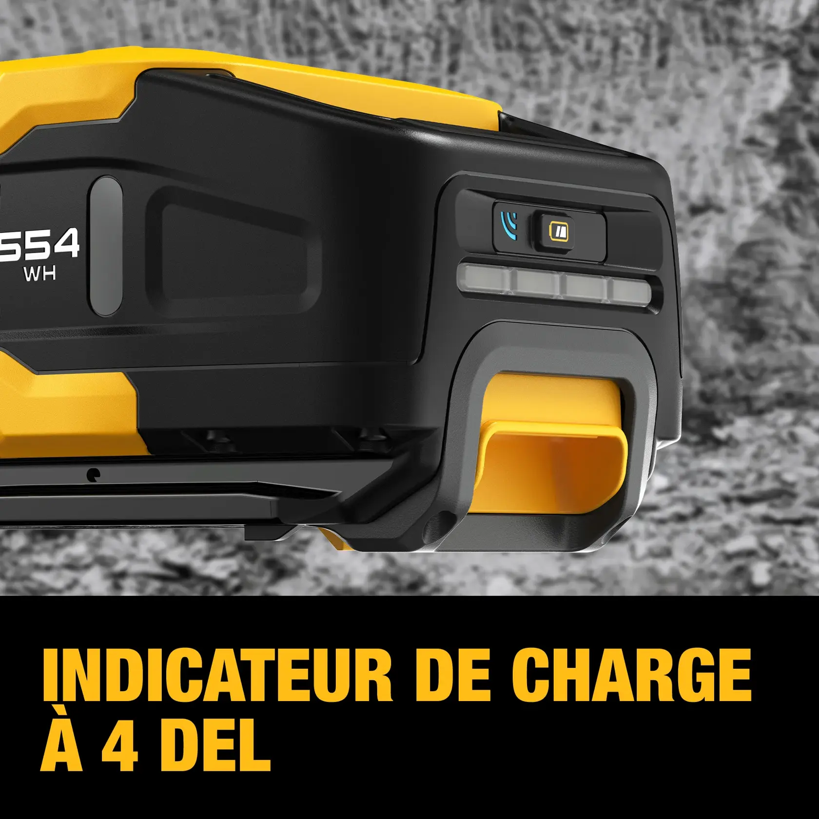 Close-up of a DEWALT battery with a 4 LED state-of-charge indicator, showing the charge level feature. The image highlights the indicator lights and part of the battery's yellow and black casing.