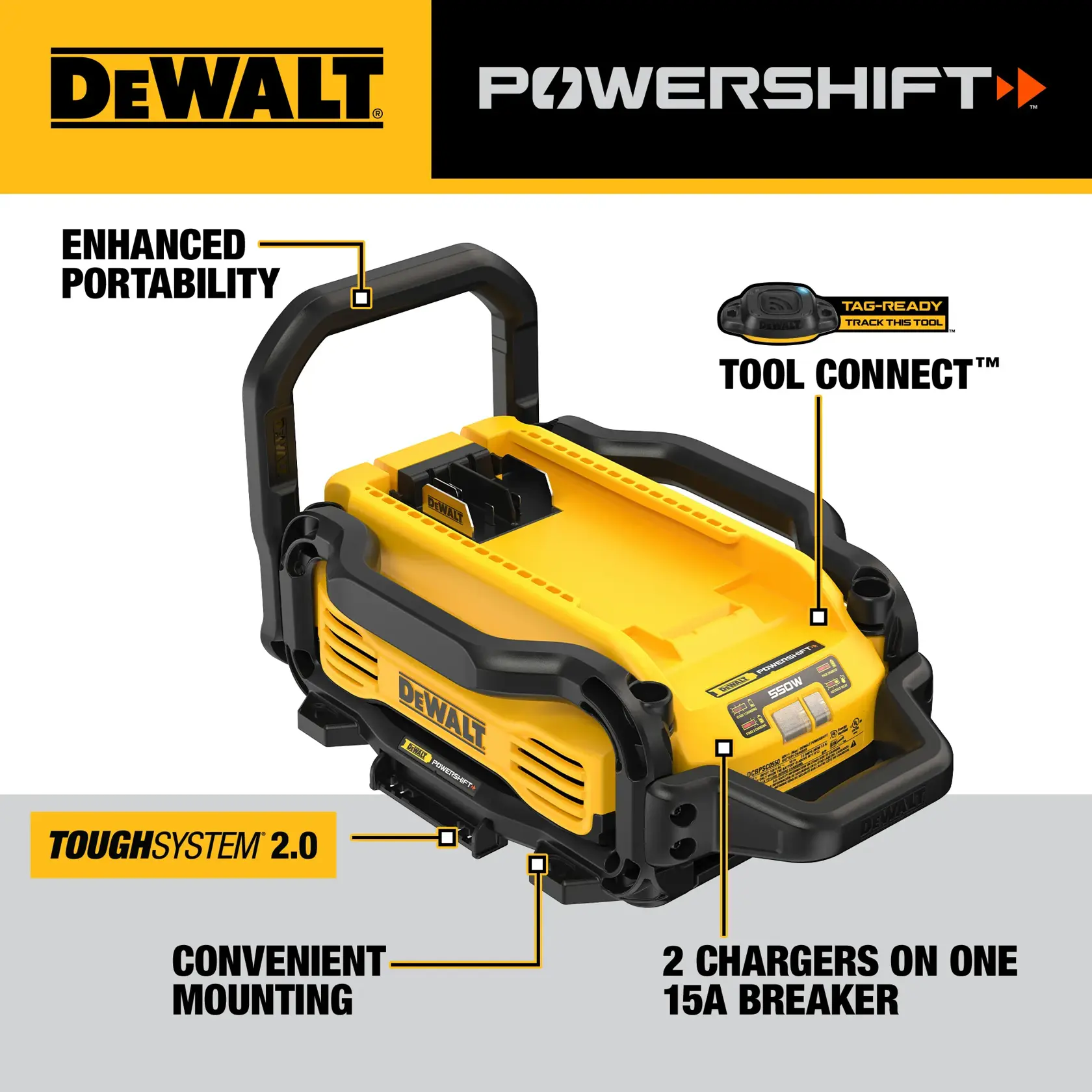 Image of a DEWALT POWERSHIFT TOUGHSYSTEM 2.0 product, model DCBPSC0550, featuring a yellow and black portable battery charging station. The graphic highlights enhanced portability with a sturdy handle, TOOL CONNECT tag-ready tracking, convenient mounting, and the ability to run two chargers on one 15A breaker.