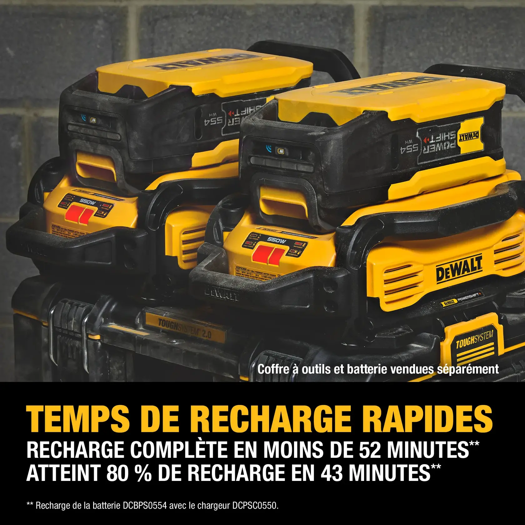 Close-up view of two DEWALT battery chargers with yellow and black DEWALT PowerShift batteries mounted, placed on DEWALT ToughSystem tool boxes. Text overlay promotes fast charge times, stating batteries charge fully in under 52 minutes and reach 80% charge in 43 minutes. Note indicates tool box and battery are sold separately.