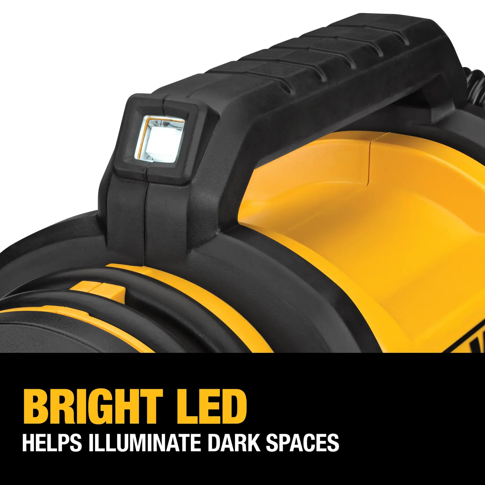 Close-up of a DEWALT portable air compressor handle featuring a bright built-in LED light designed to help illuminate dark spaces.