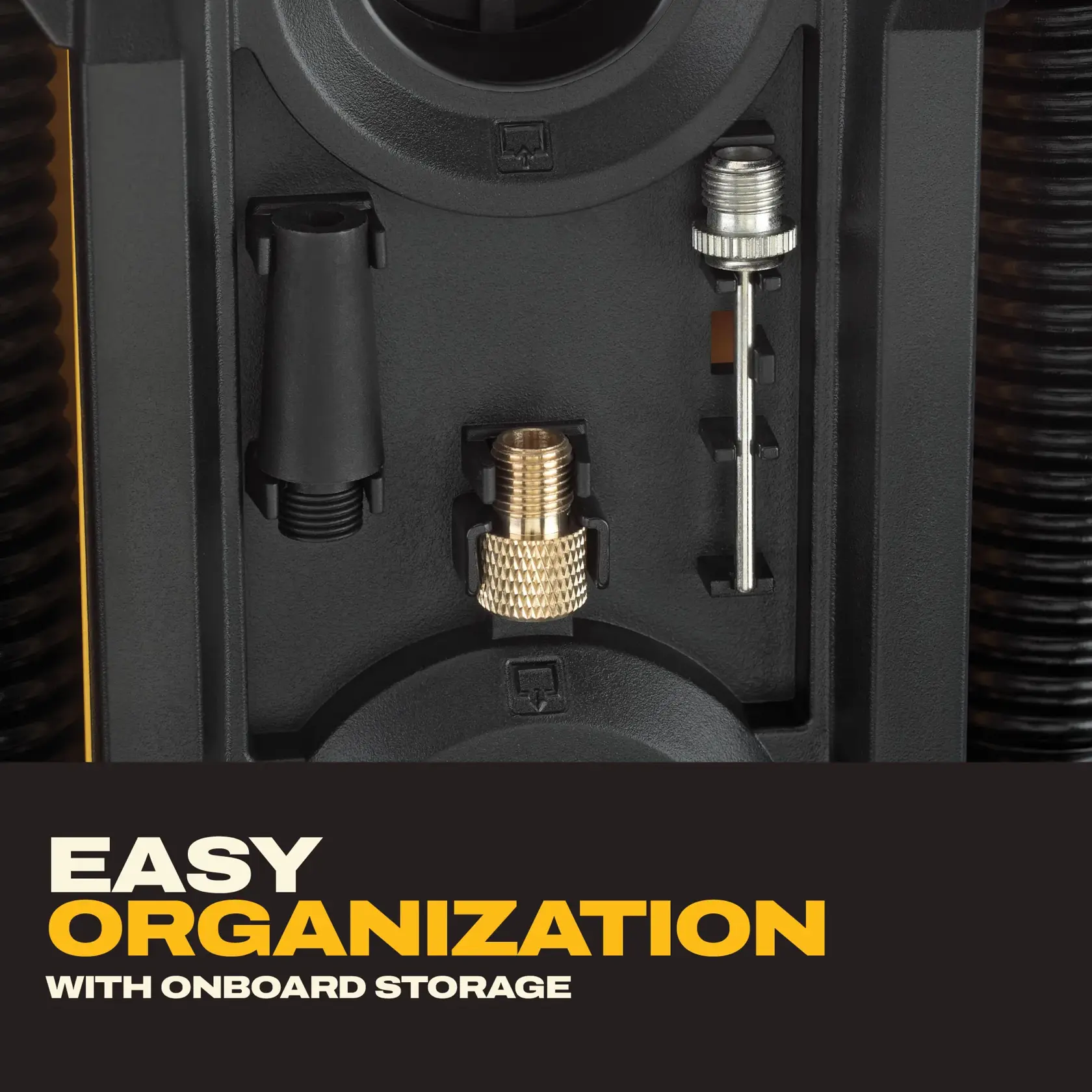 Close-up of the DEWALT DCC020IB onboard storage compartment, showing various metal and plastic attachments organized neatly, with text overlay stating 'Easy organization with onboard storage.'
