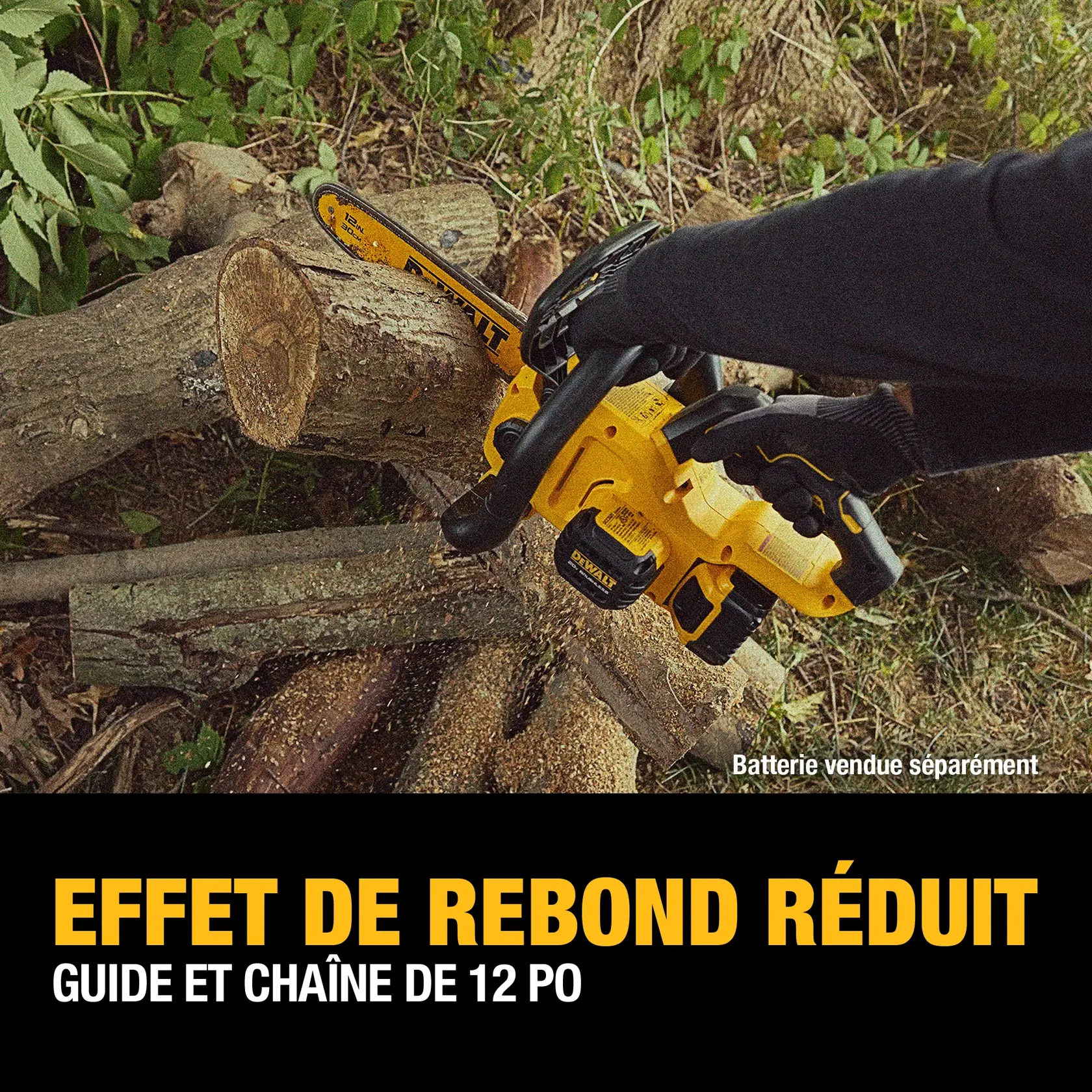 A person using a yellow DEWALT cordless chainsaw with a 12-inch low kickback bar and chain to cut a log outdoors. The chainsaw is battery-powered and the battery is sold separately. Text at the bottom highlights the low kickback feature.