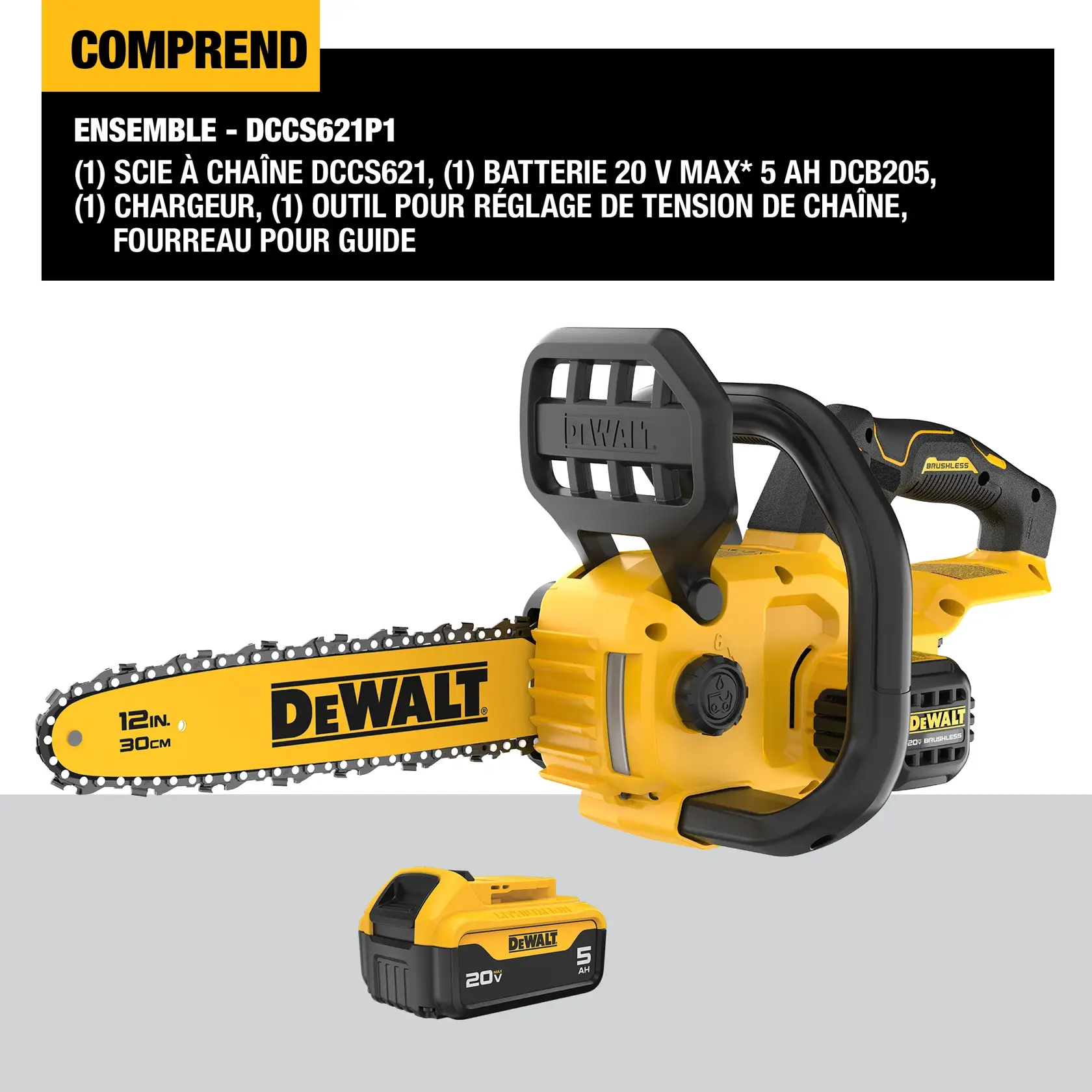 Image of a DEWALT DCCS621P1 kit, which includes a 12-inch cordless chainsaw, a 20V MAX 5Ah battery, charger, tensioning tool, and bar sheath. The chainsaw and the battery are shown prominently.