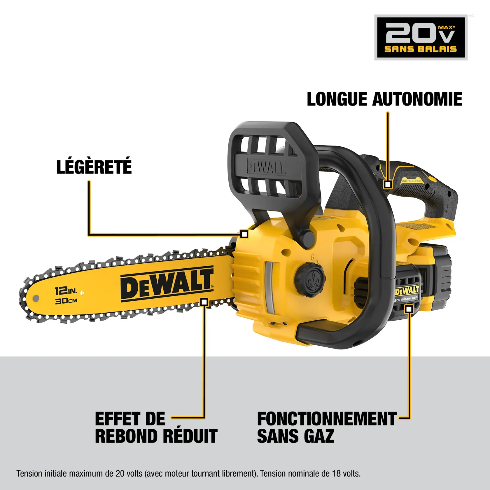 Product image of a DEWALT 20V MAX Brushless cordless chainsaw, featuring labels that highlight its lightweight design, gas-free operation, low kickback, and long runtime. The chainsaw has a yellow and black body, a 12-inch (30 cm) blade, and is powered by a rechargeable battery.
