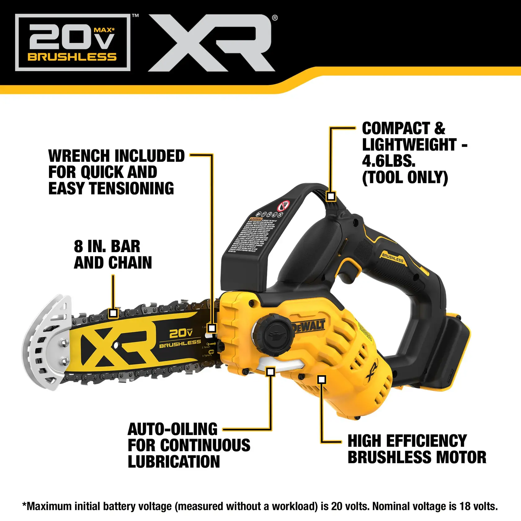 Graphic showing a DEWALT 20V XR brushless compact chainsaw. Key features highlighted include: wrench included for quick and easy tensioning, 8-inch bar and chain, compact and lightweight design (4.6 lbs, tool only), auto-oiling for continuous lubrication, and a high efficiency brushless motor.