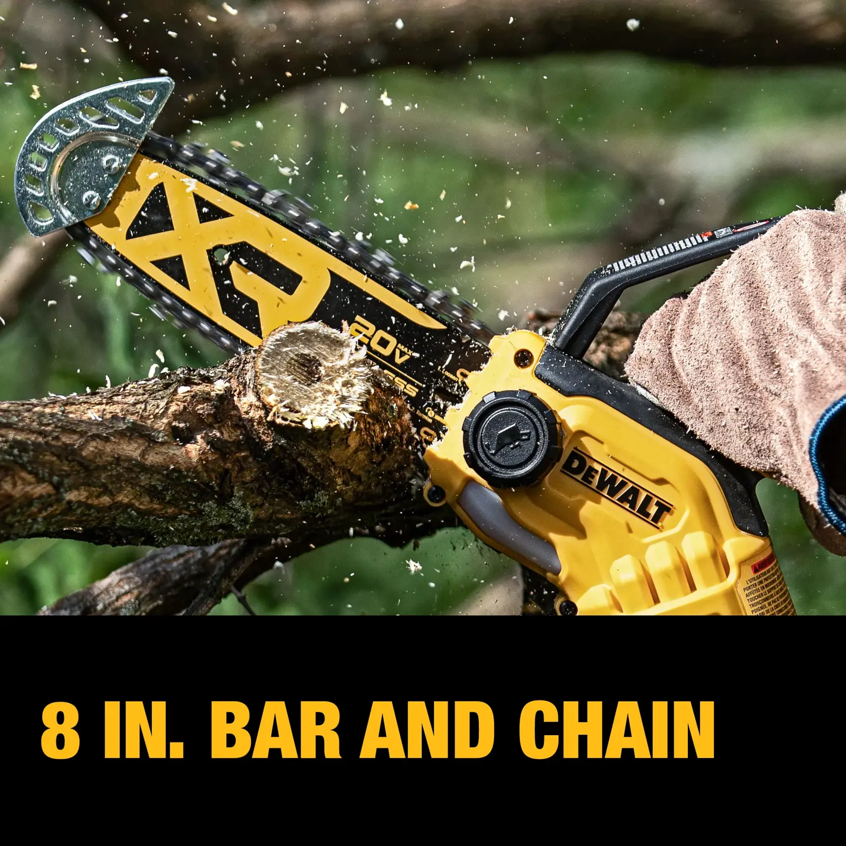 A close-up of a DEWALT 20V chainsaw cutting through a tree branch. The image highlights the saw’s 8-inch bar and chain, with wood chips flying as it operates.
