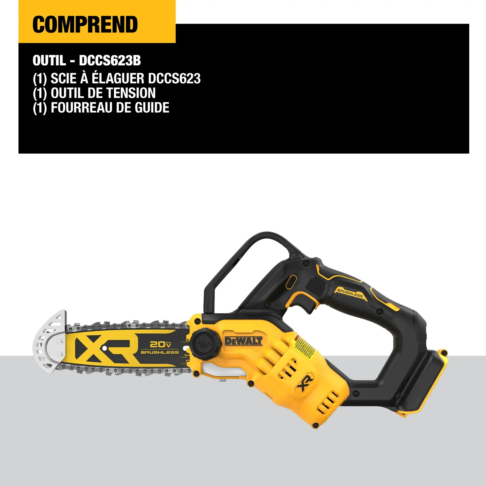 Image showing a DEWALT DCCS623B 20V XR brushless chainsaw. The product includes one DCCS623 chainsaw, one tensioning tool, and one bar sheath. The chainsaw is yellow and black with DEWALT branding.