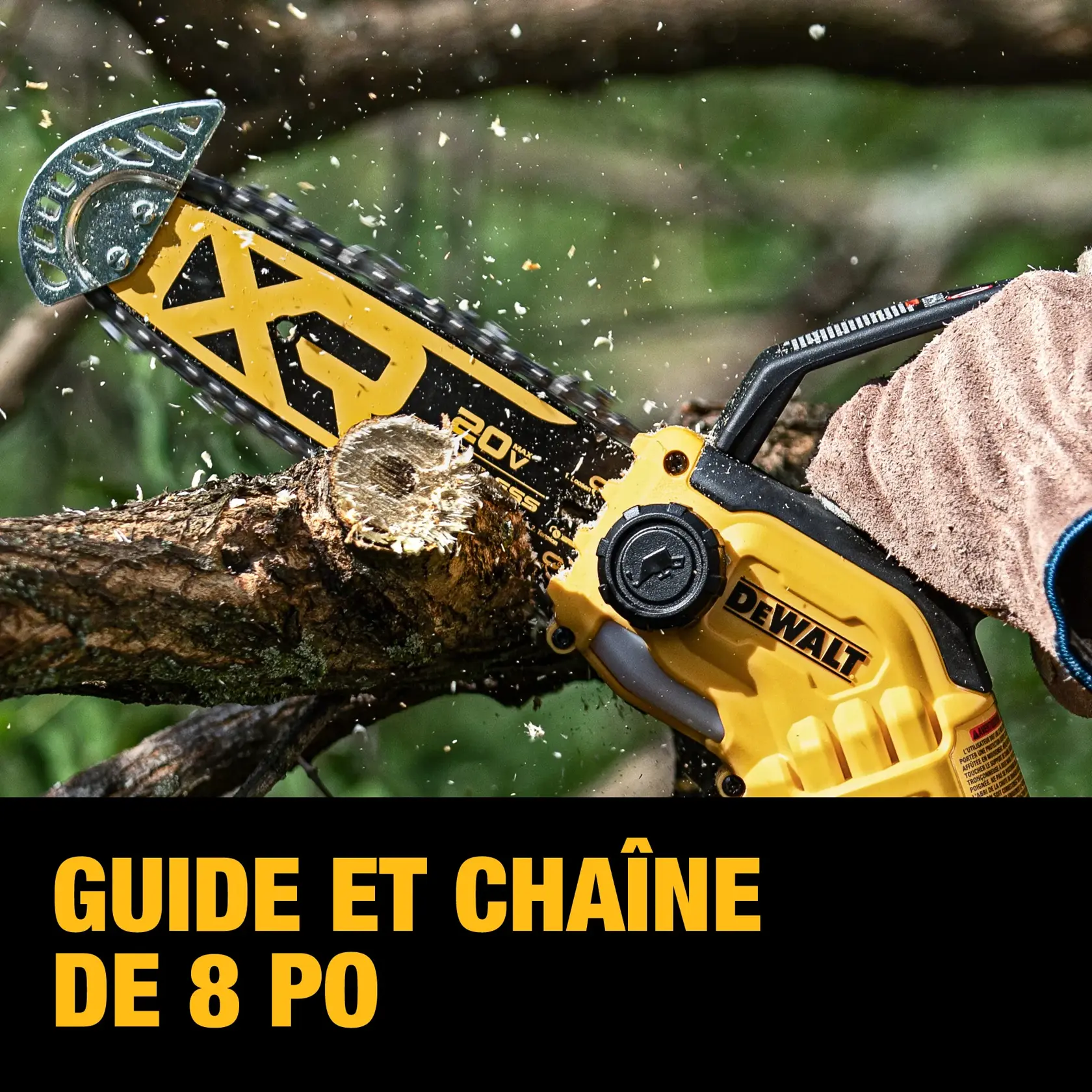 A close-up of a DEWALT 20V chainsaw cutting through a tree branch. The image highlights the saw’s 8-inch bar and chain, with wood chips flying as it operates.