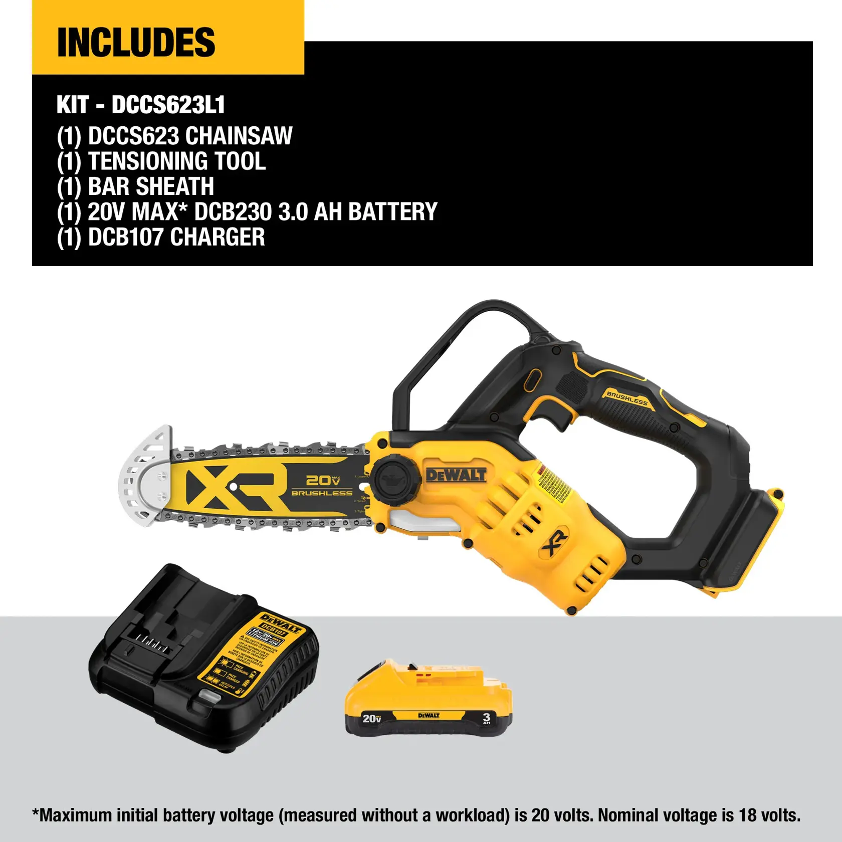 Image showing a DEWALT DCCS623L1 kit including a cordless chainsaw, tensioning tool, bar sheath, 20V MAX DCB230 3.0 Ah battery, and DCB107 charger. The chainsaw is yellow and black, and the battery and charger are also visible.