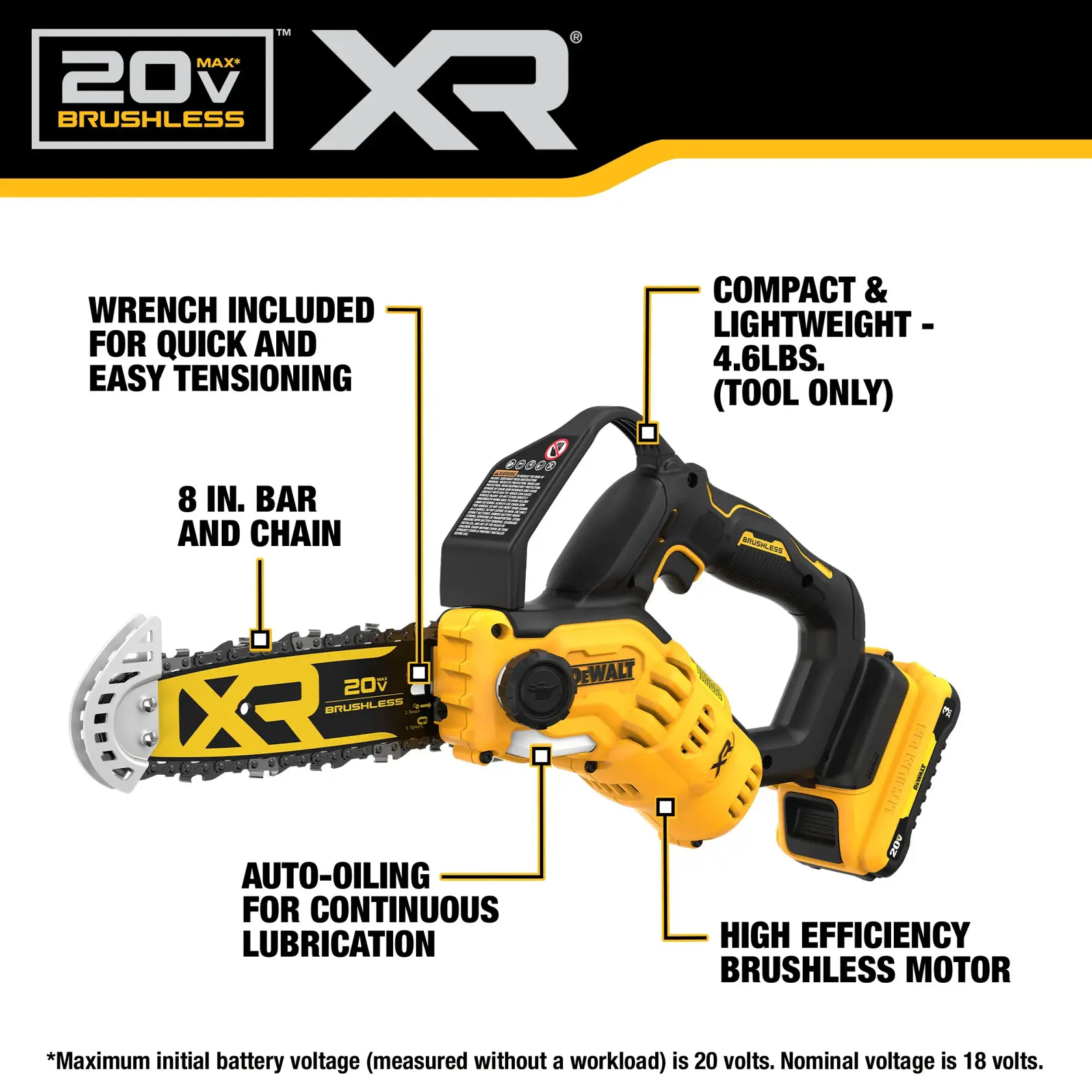 A DEWALT 20V XR brushless cordless chainsaw with highlighted features including: wrench included for quick and easy tensioning, compact and lightweight design (4.6 lbs. tool only), 8-inch bar and chain, auto-oiling for continuous lubrication, and high efficiency brushless motor.