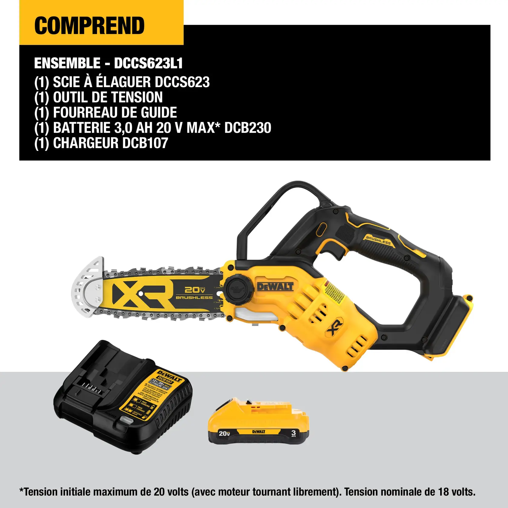 A DEWALT 20V XR brushless cordless chainsaw with highlighted features including: wrench included for quick and easy tensioning, compact and lightweight design (4.6 lbs. tool only), 8-inch bar and chain, auto-oiling for continuous lubrication, and high efficiency brushless motor.
