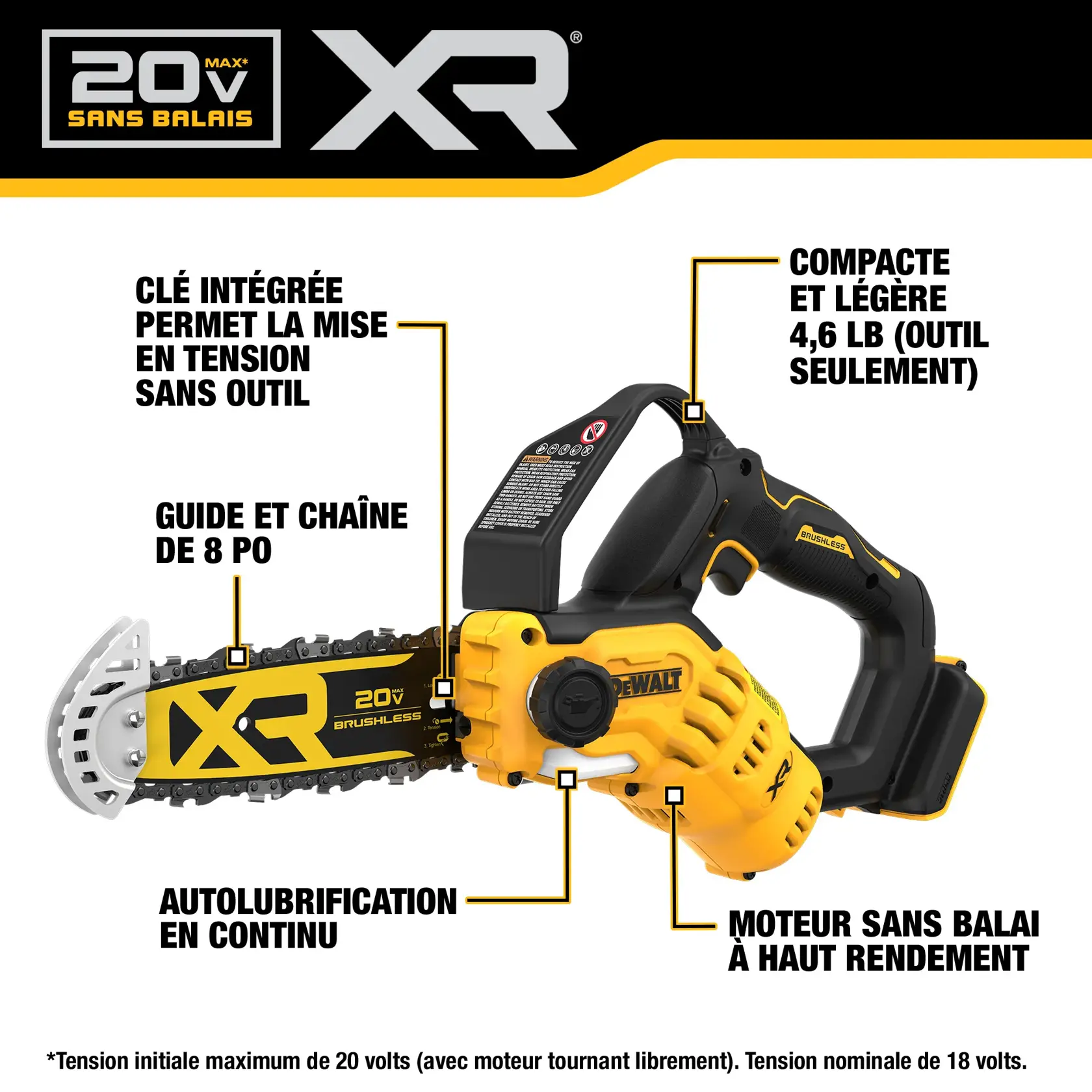 A DEWALT 20V cordless chainsaw with an 8-inch bar and chain is being used to cut through a tree branch. Sawdust is flying, and a gloved hand is holding the tool.