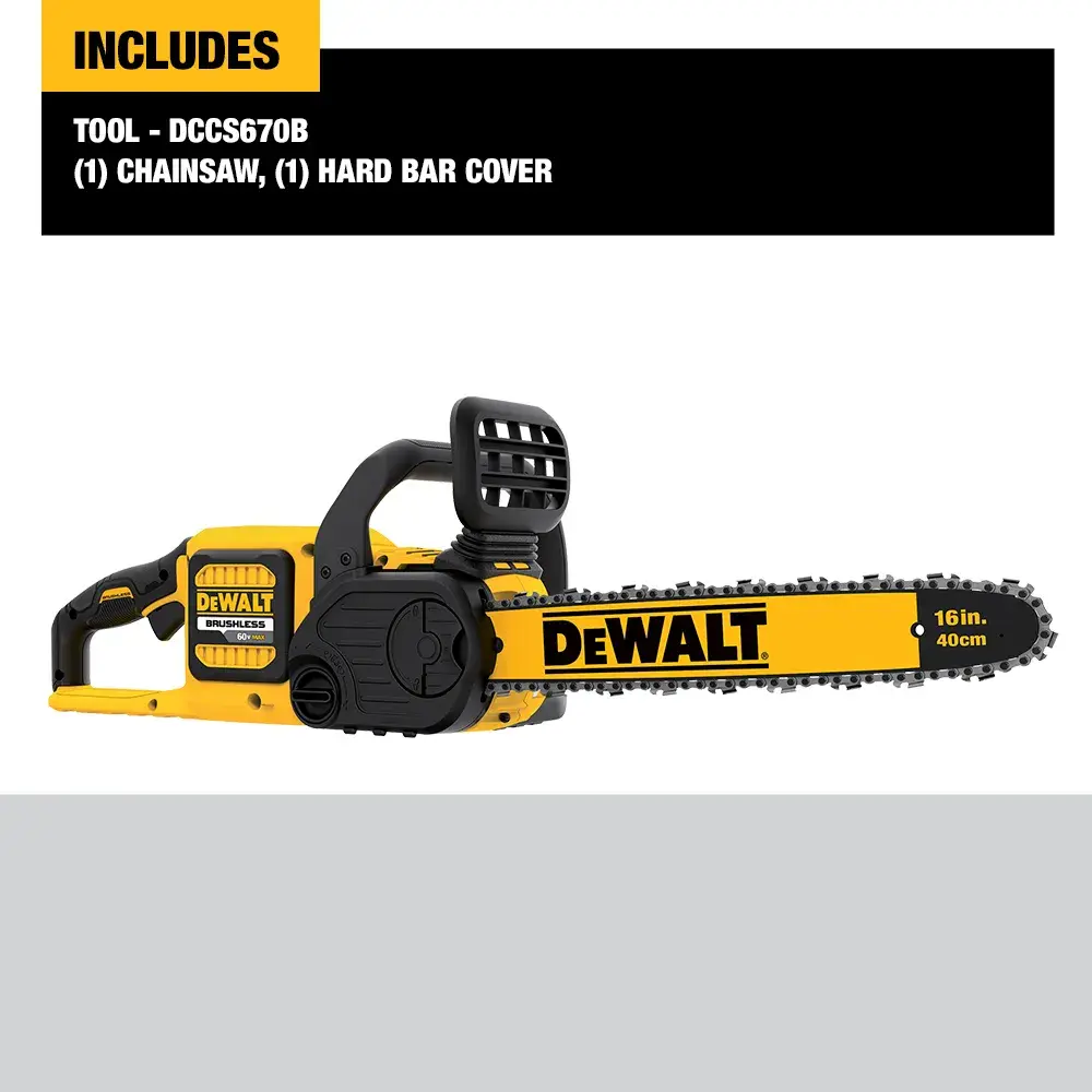 Image of a DEWALT DCCS670B cordless chainsaw with a 16-inch bar. The product includes one chainsaw and one hard bar cover, as indicated in the top section of the image.